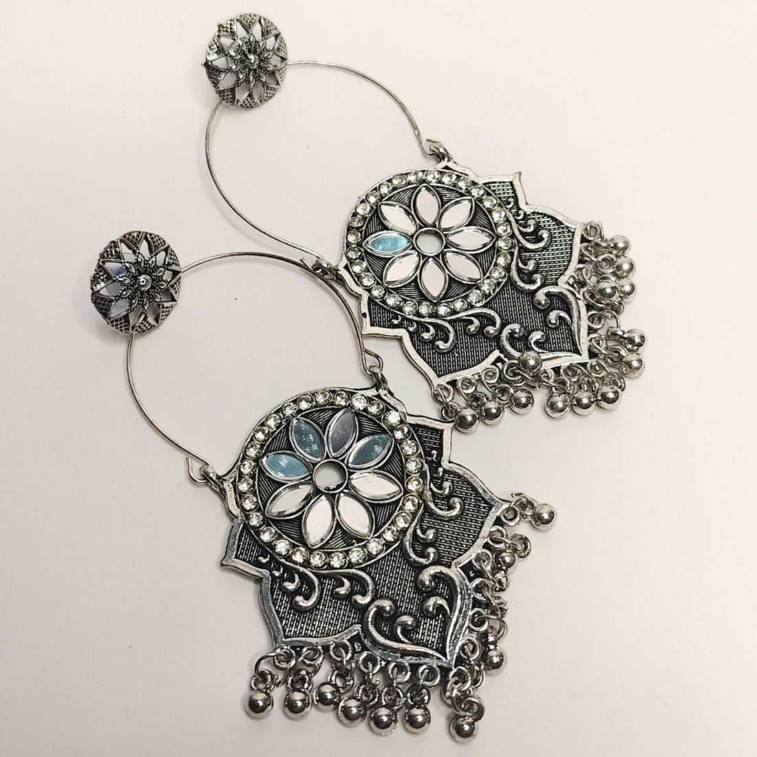 Oxidized Silver Mirror Dangle Earrings with Tassels