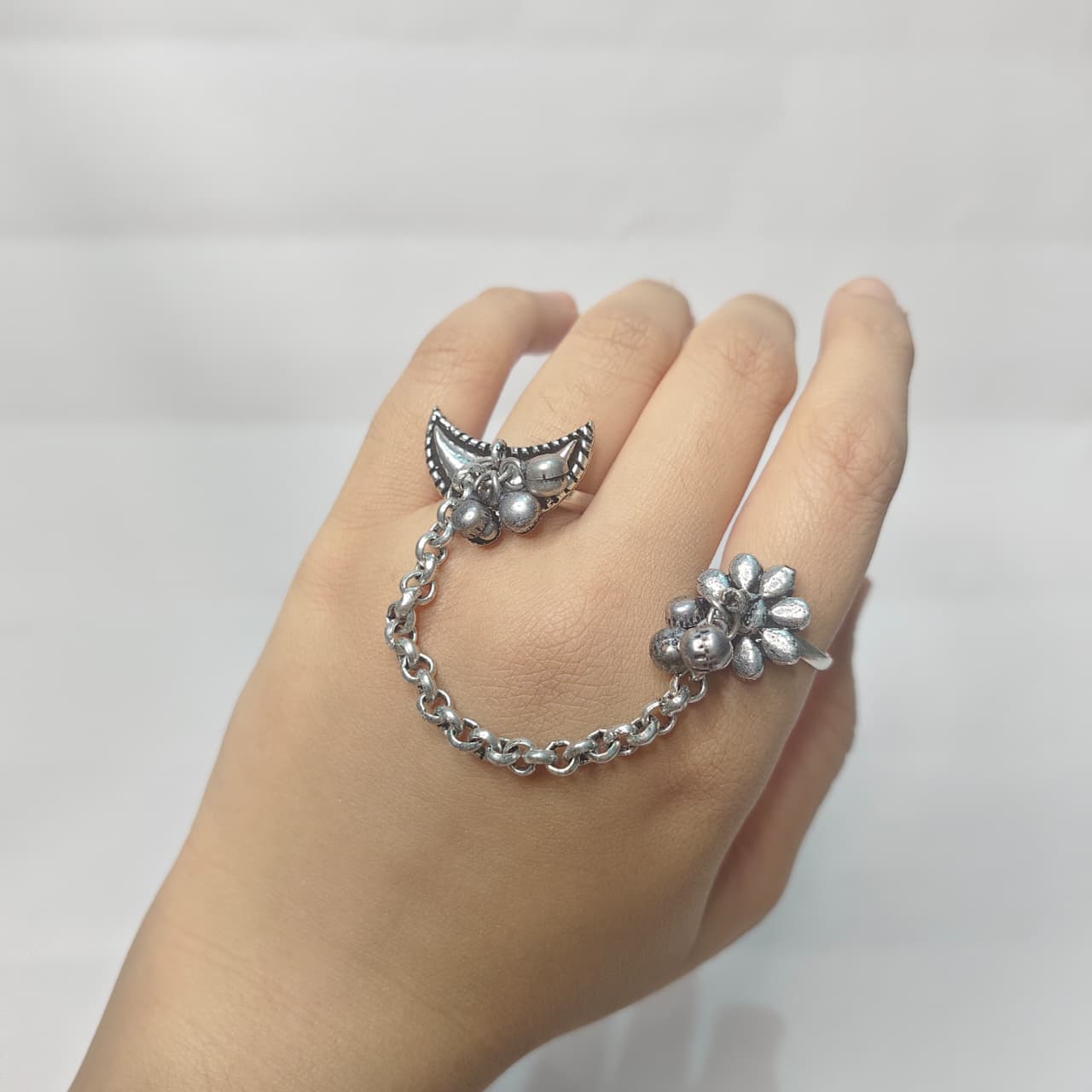 Moon & Flower Dual Finger Ring