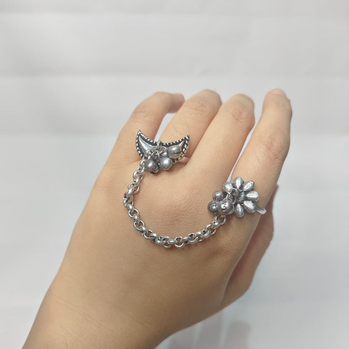 Moon & Flower Dual Finger Ring