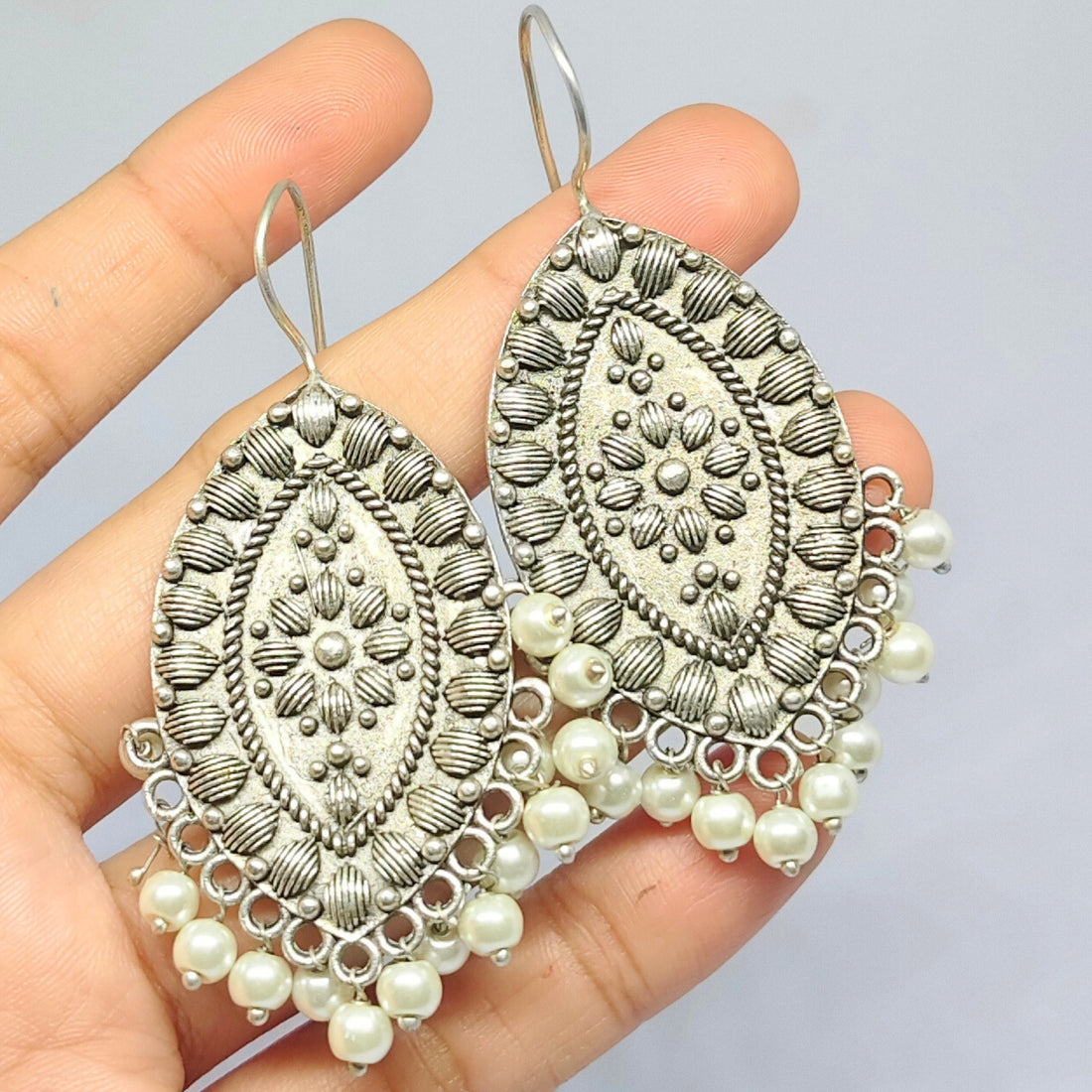 Elegant Silver Oxidized Drop Earring with pearl Brass Drops & Danglers