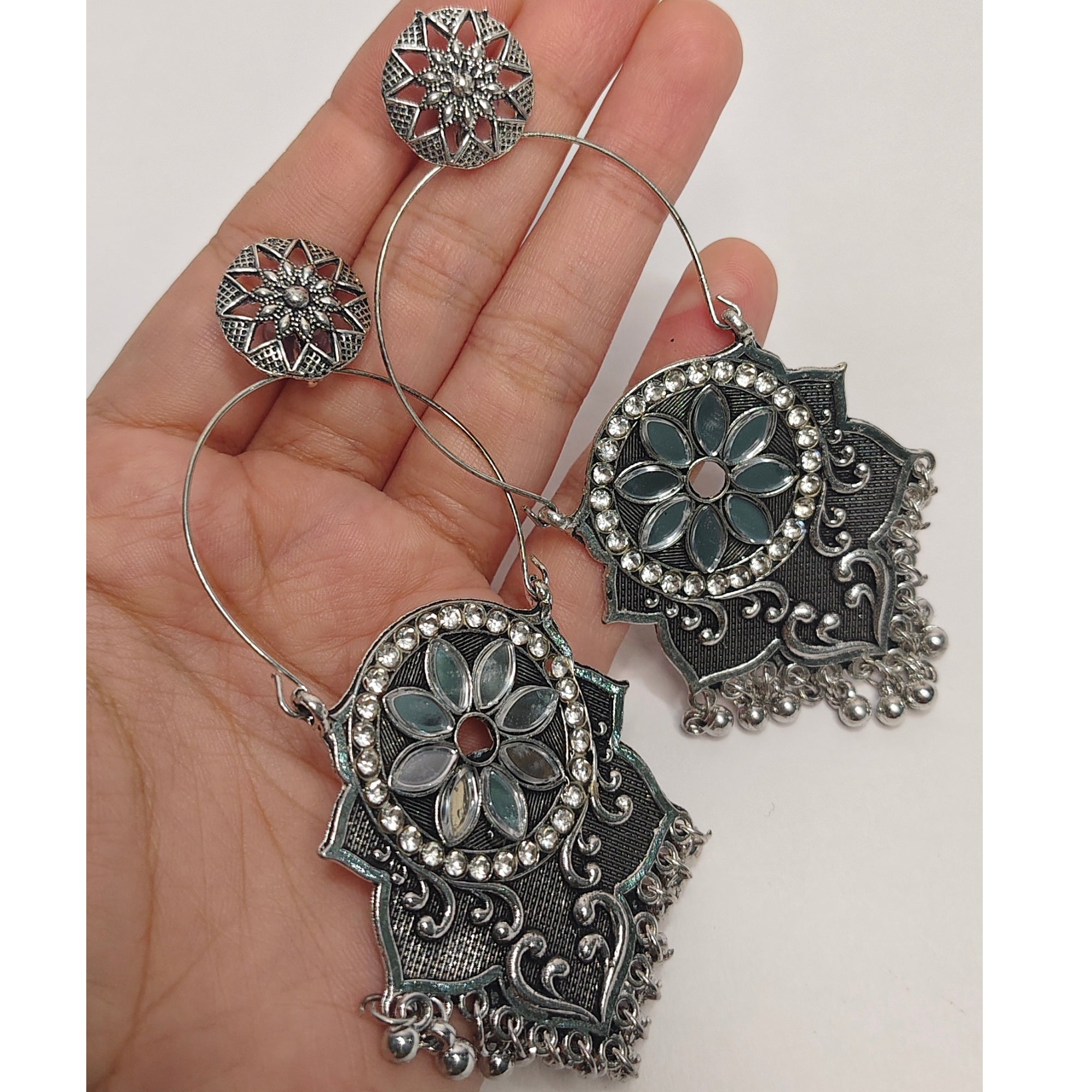 Oxidized Silver Mirror Dangle Earrings with Tassels