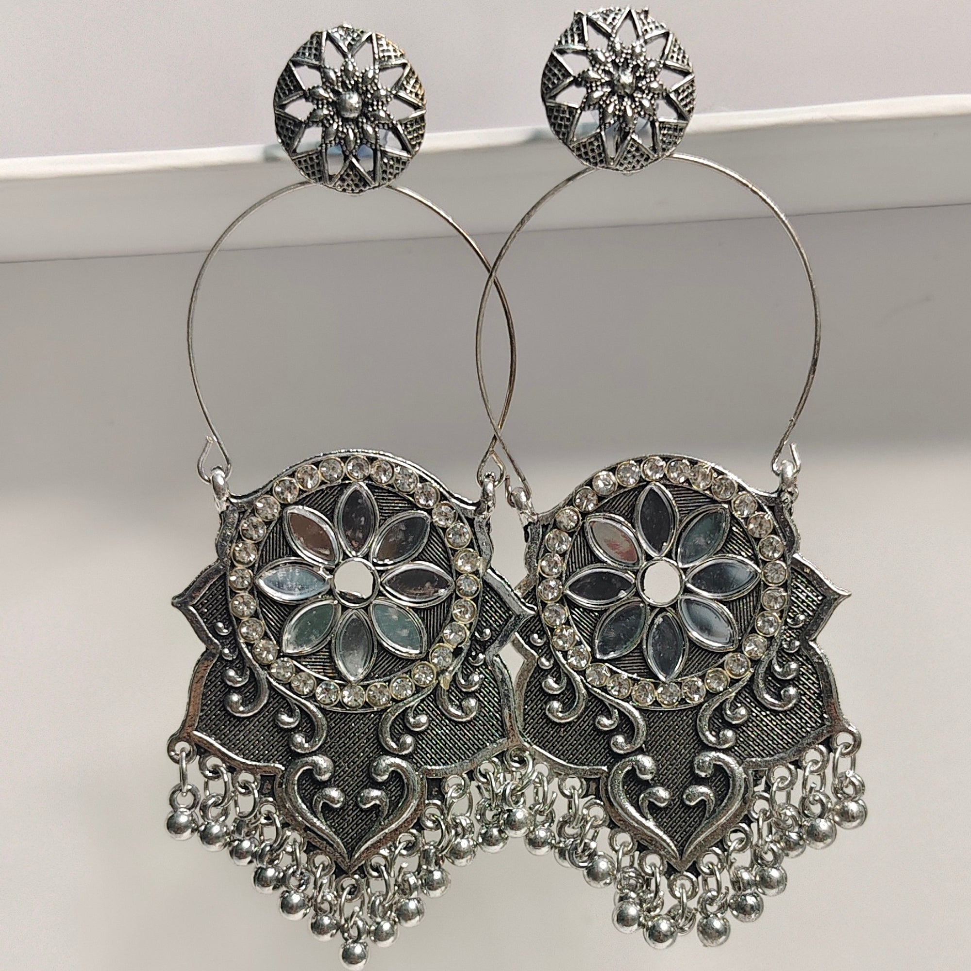 Oxidized Silver Mirror Dangle Earrings with Tassels