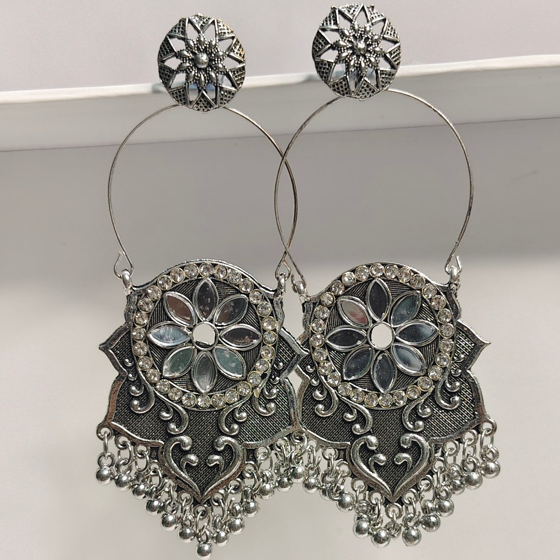 Oxidized Silver Mirror Dangle Earrings with Tassels