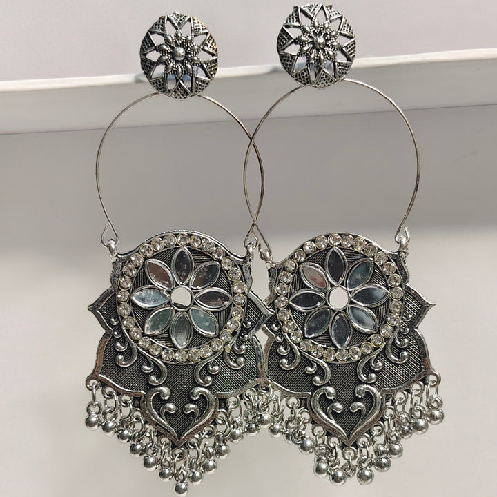 Oxidized Silver Mirror Dangle Earrings with Tassels