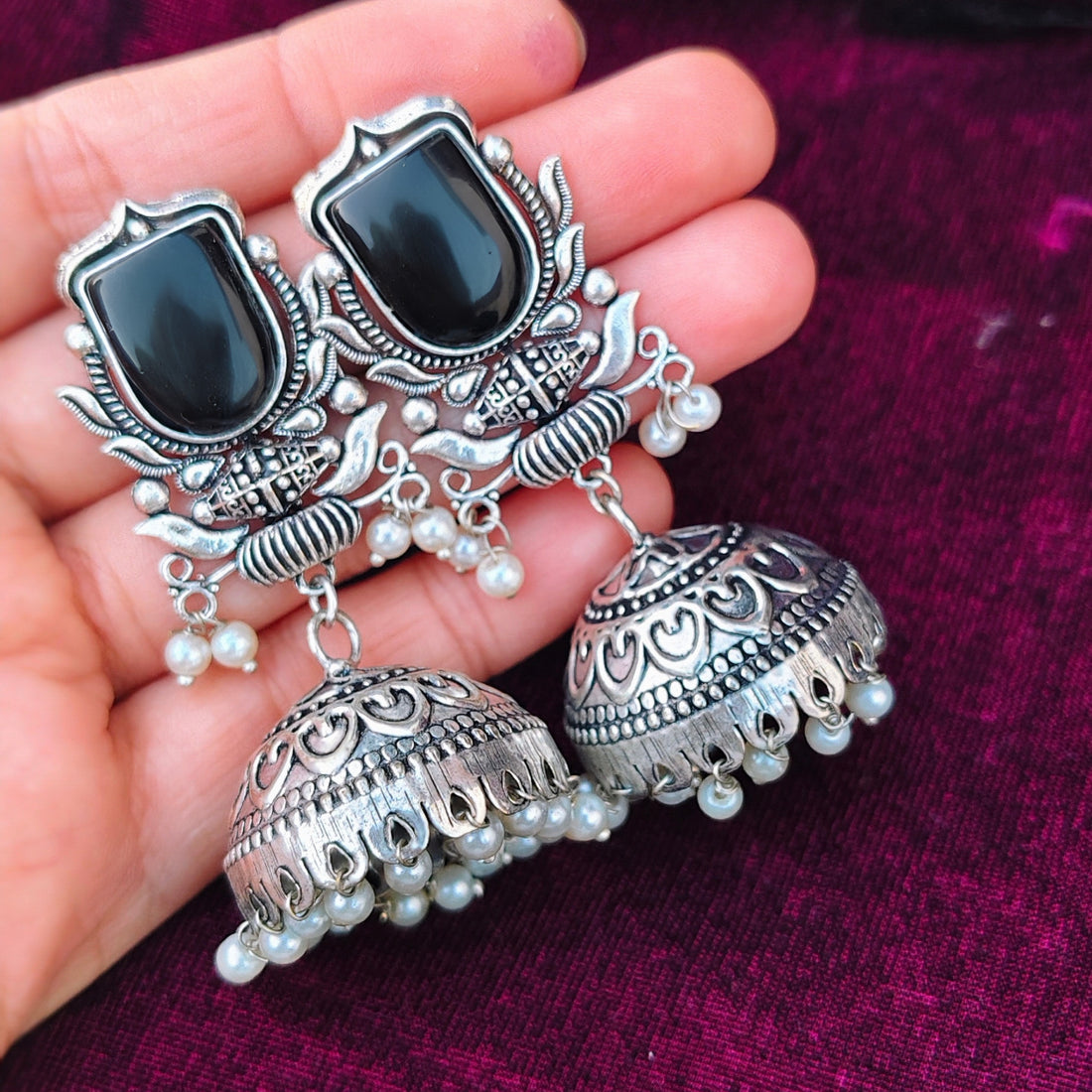 Oxidized Silver Jhumka Earrings with Stone & Pearl Beads
