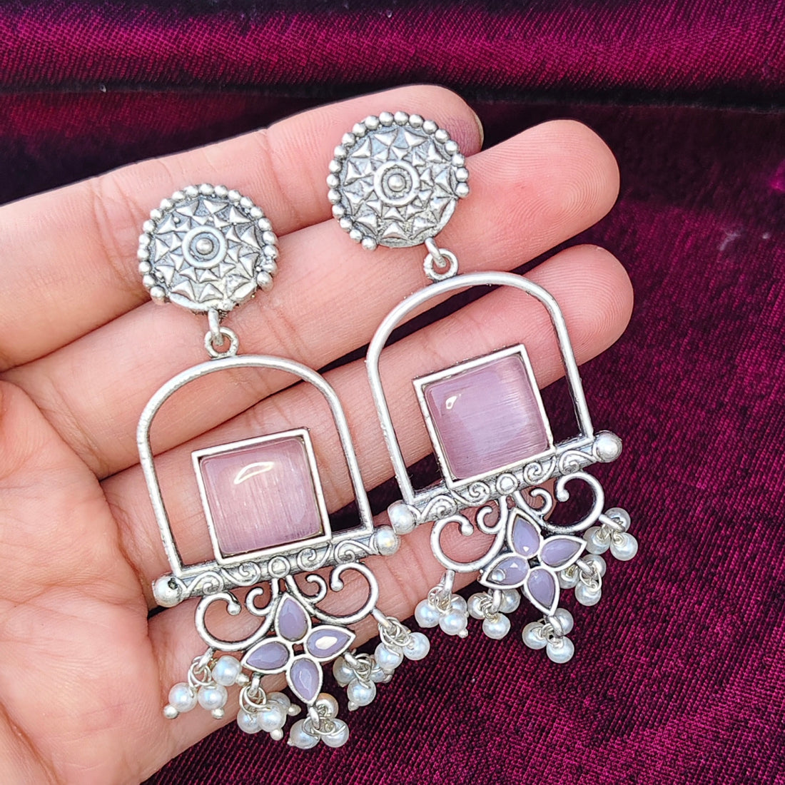 Oxidized Silver Earrings with Stone & Pearl Beads