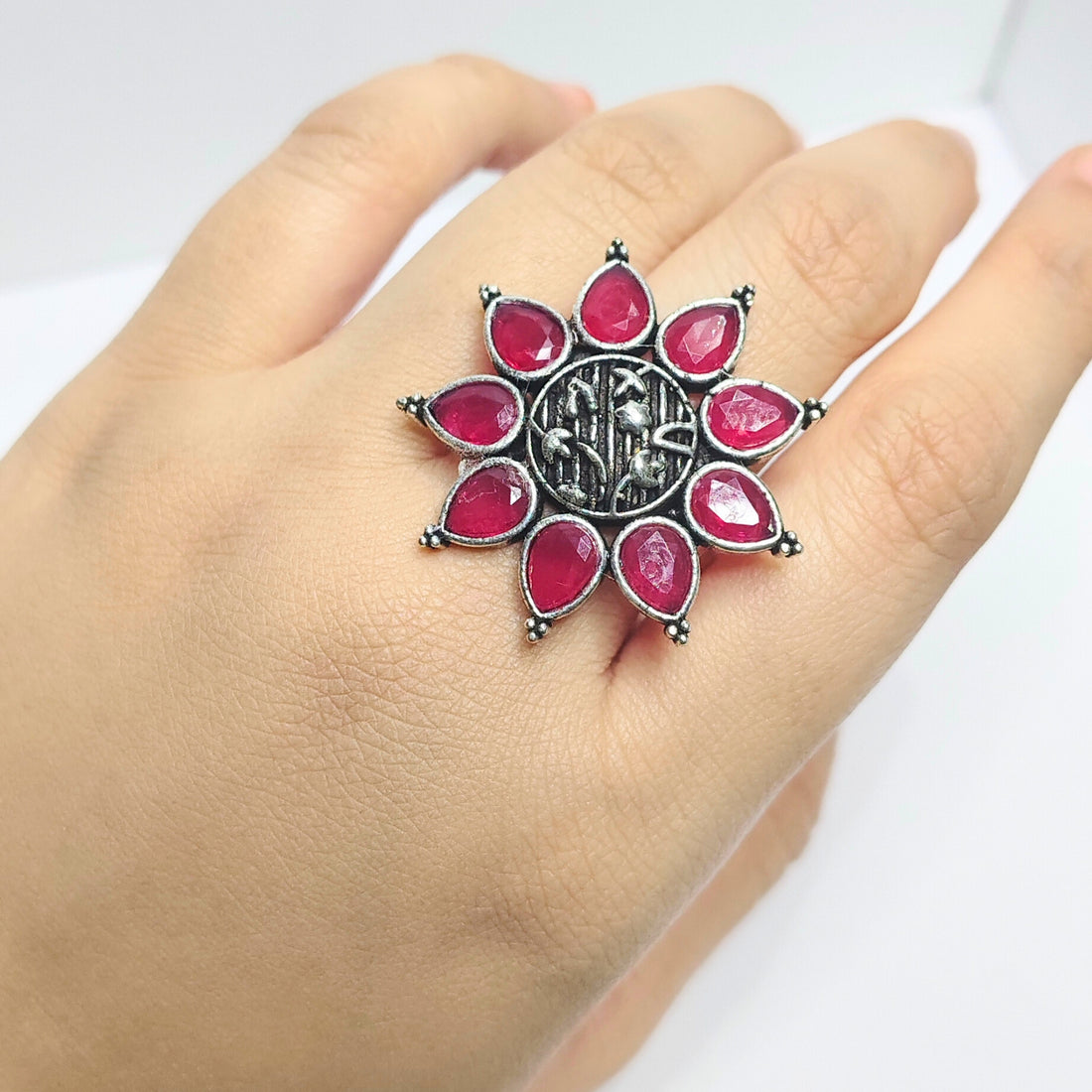 Ethnic Oxidised Stone Statement Ring