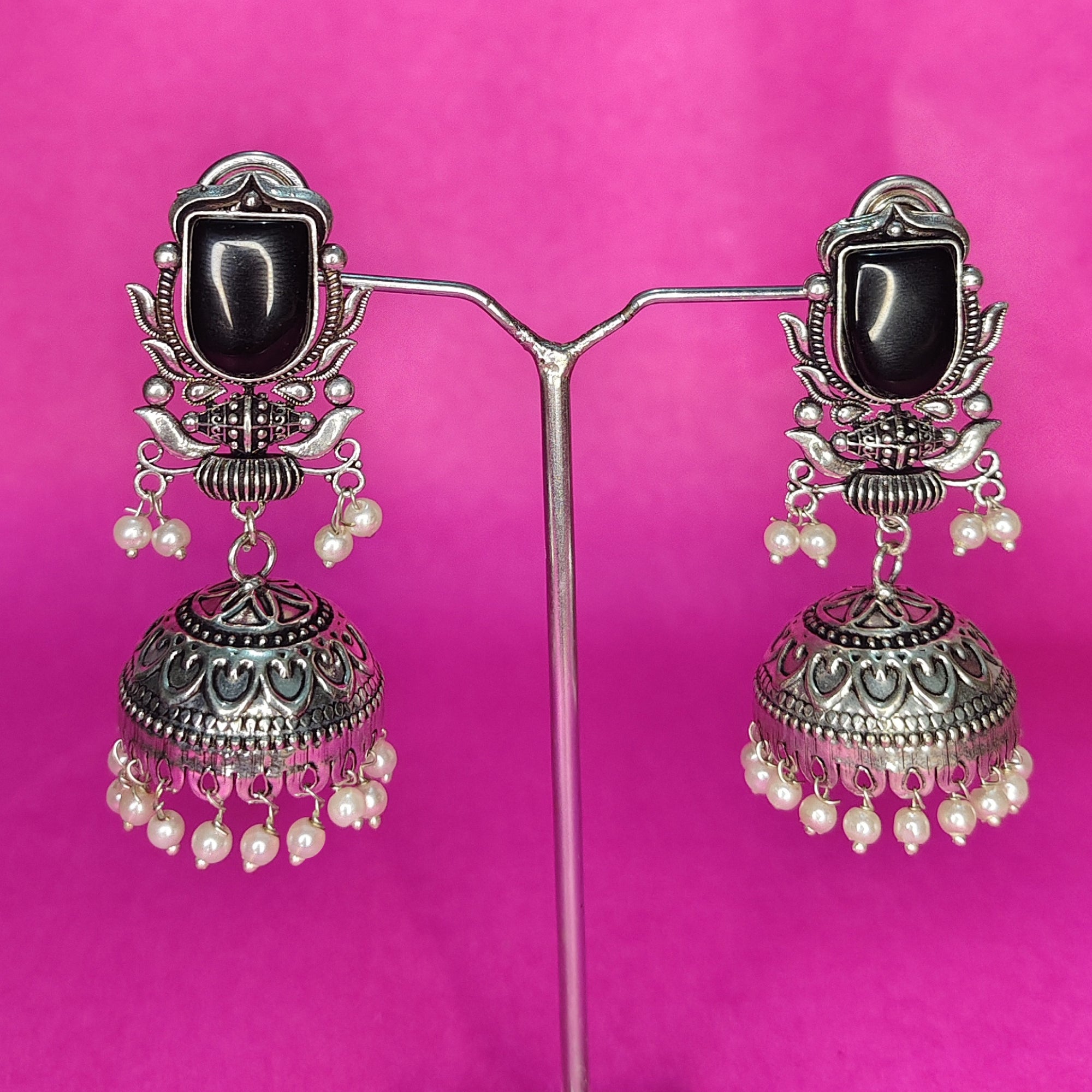 Oxidized Silver Jhumka Earrings with Stone & Pearl Beads