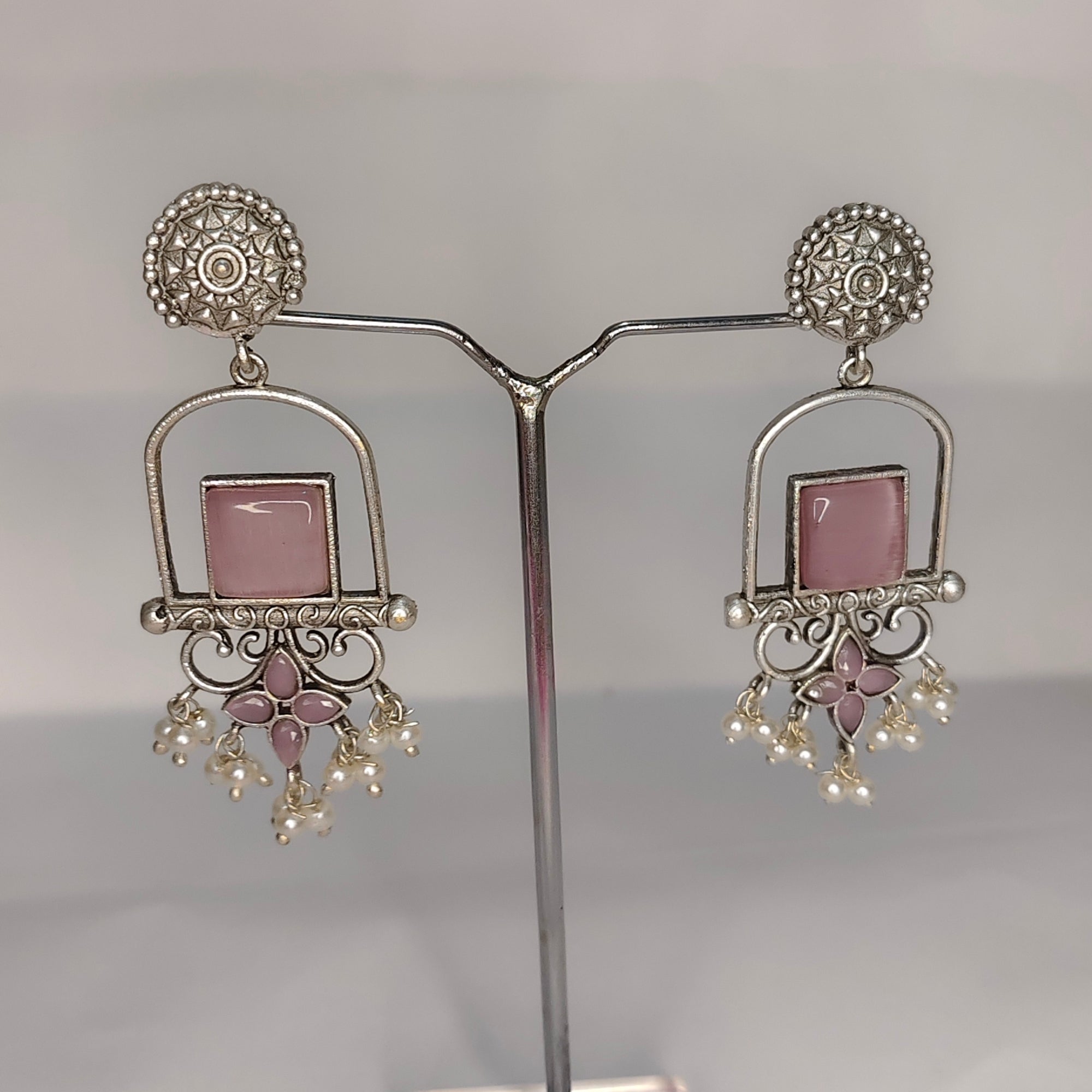 Oxidized Silver Earrings with Stone & Pearl Beads
