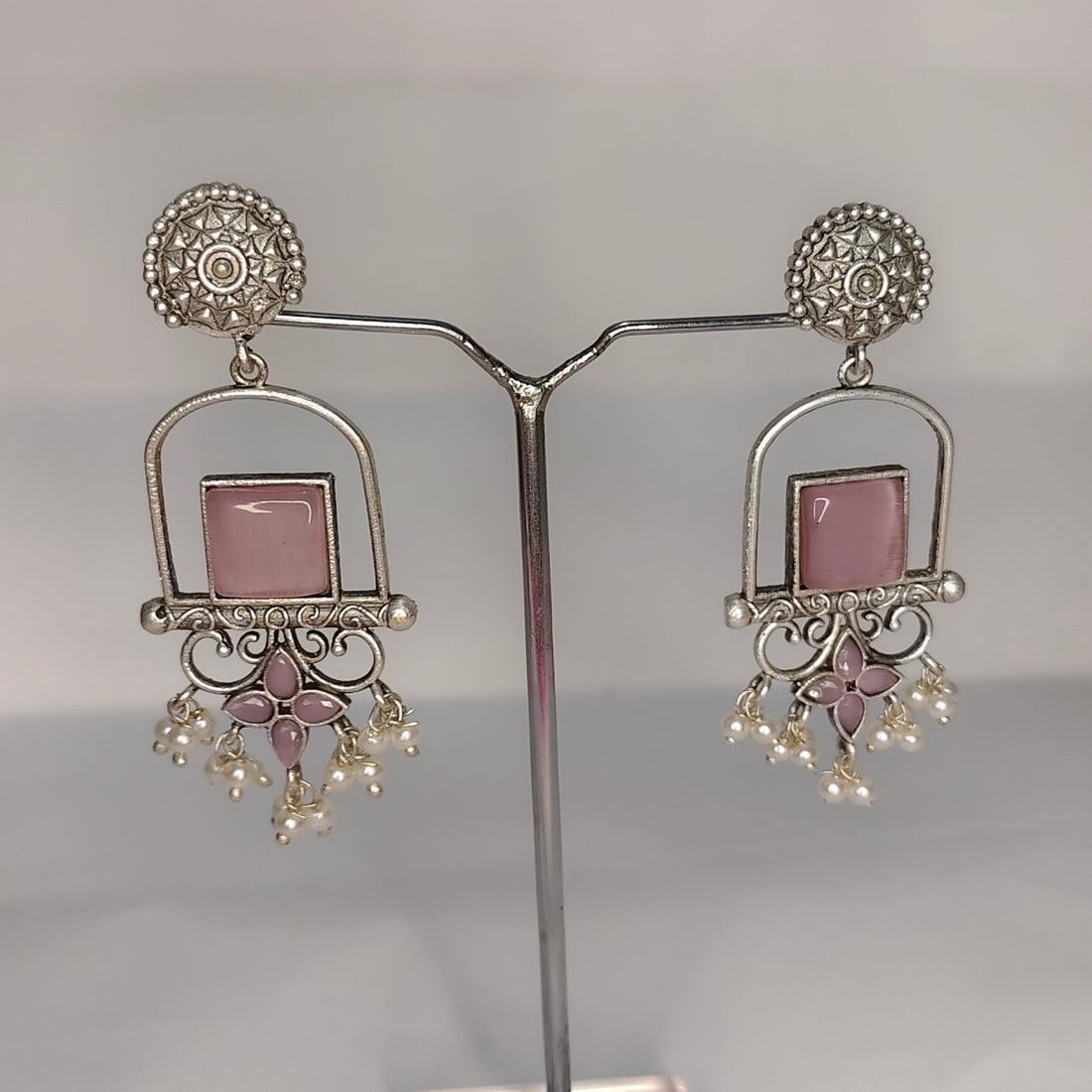 Oxidized Silver Earrings with Stone & Pearl Beads