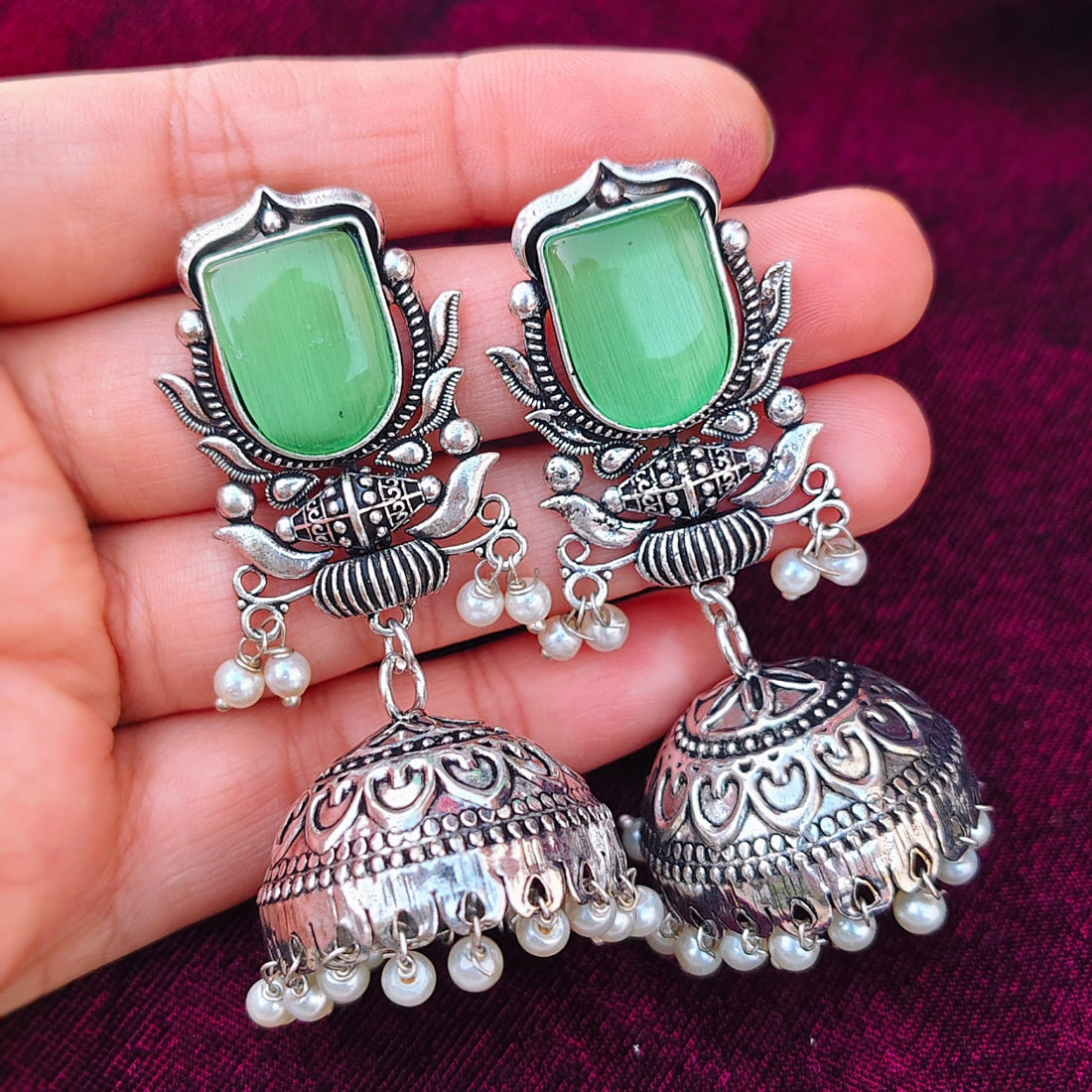 Oxidized Silver Jhumka Earrings with Stone & Pearl Beads