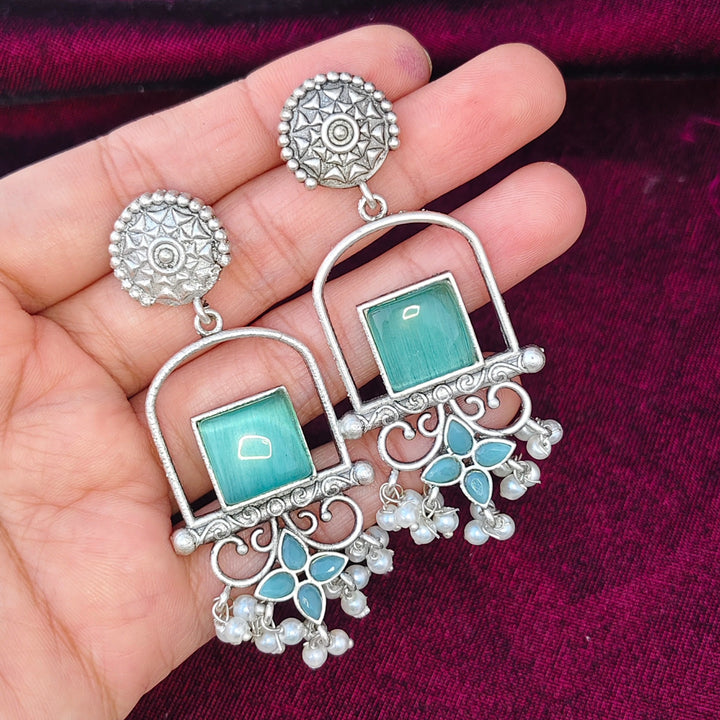 Oxidized Silver Earrings with Stone & Pearl Beads