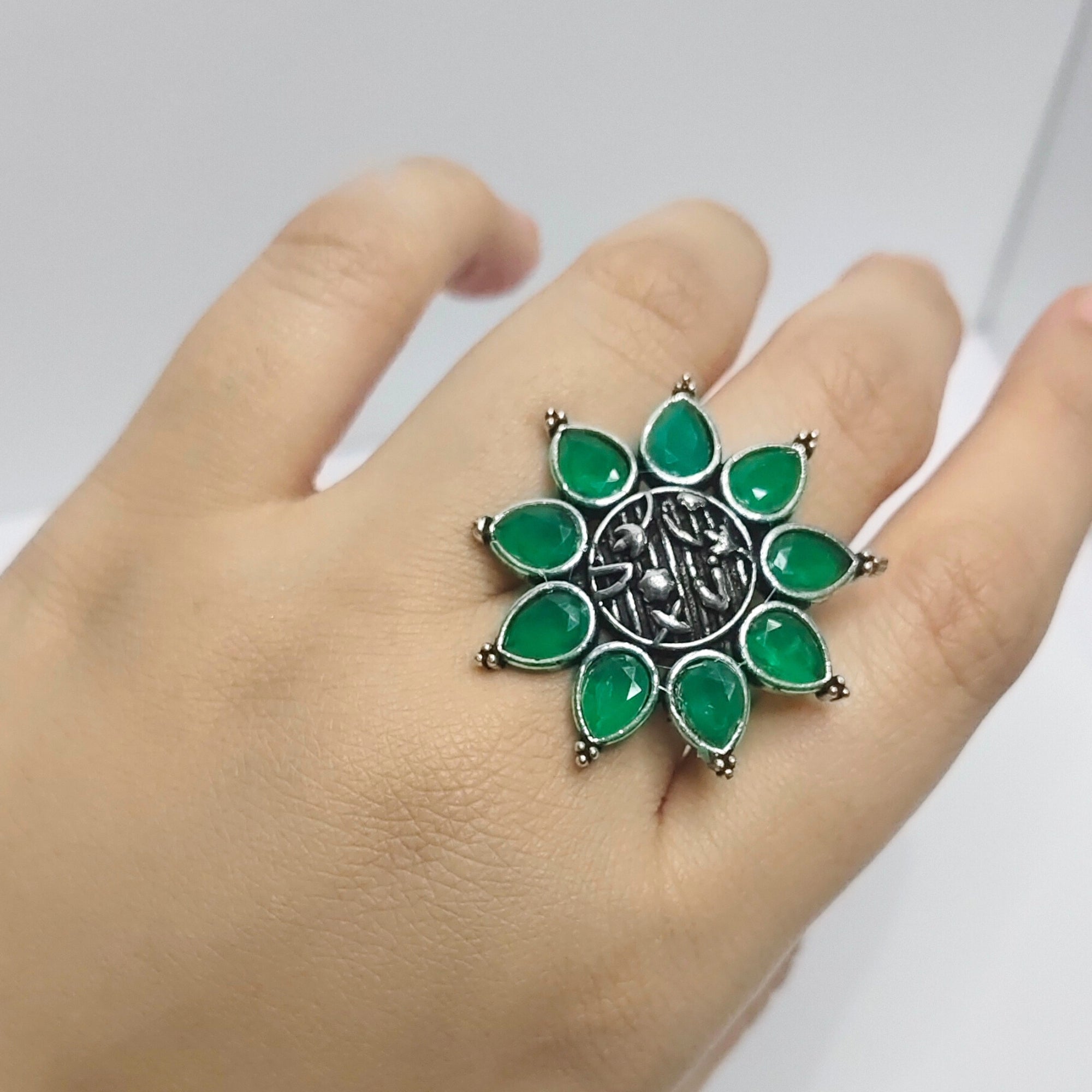 Ethnic Oxidised Stone Statement Ring