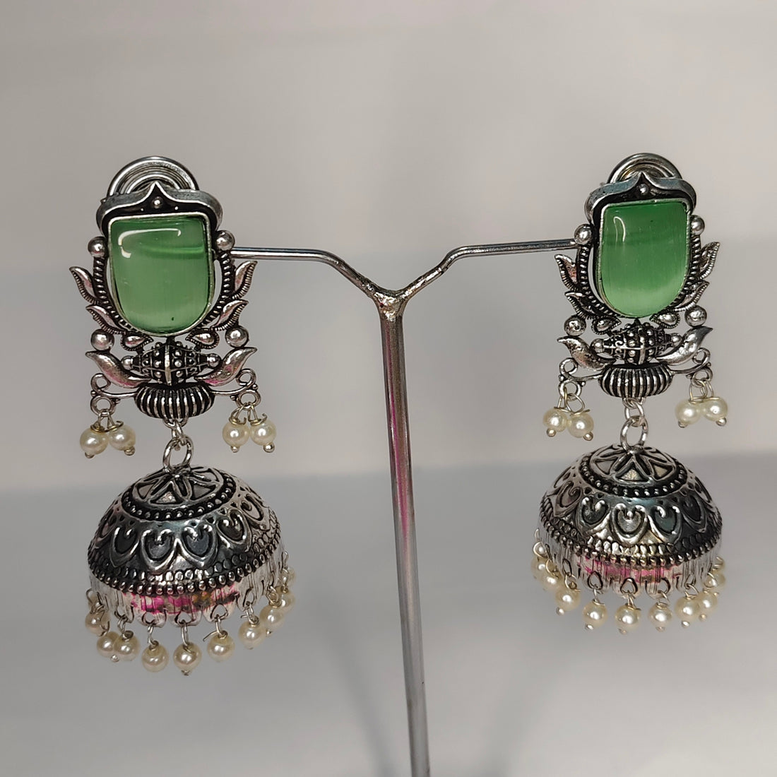 Oxidized Silver Jhumka Earrings with Stone & Pearl Beads