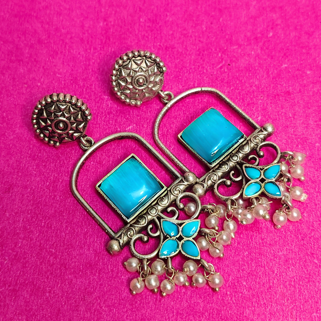 Oxidized Silver Earrings with Stone & Pearl Beads