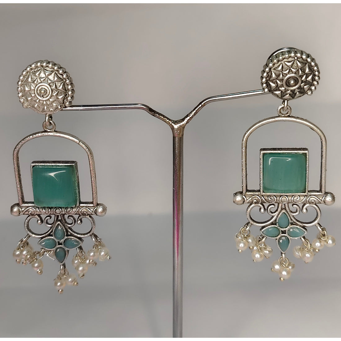 Oxidized Silver Earrings with Stone & Pearl Beads