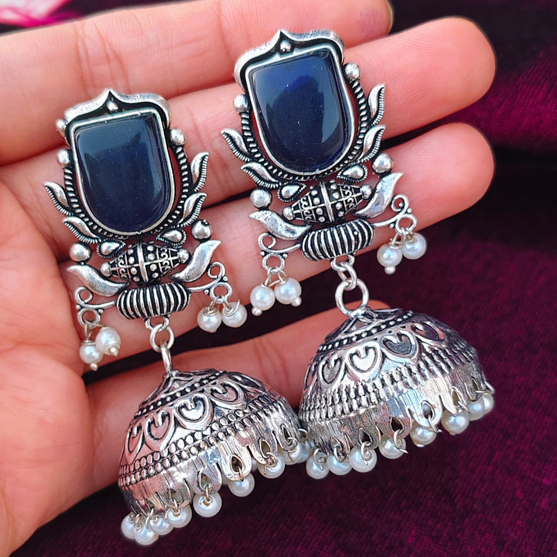 Oxidized Silver Jhumka Earrings with Stone & Pearl Beads