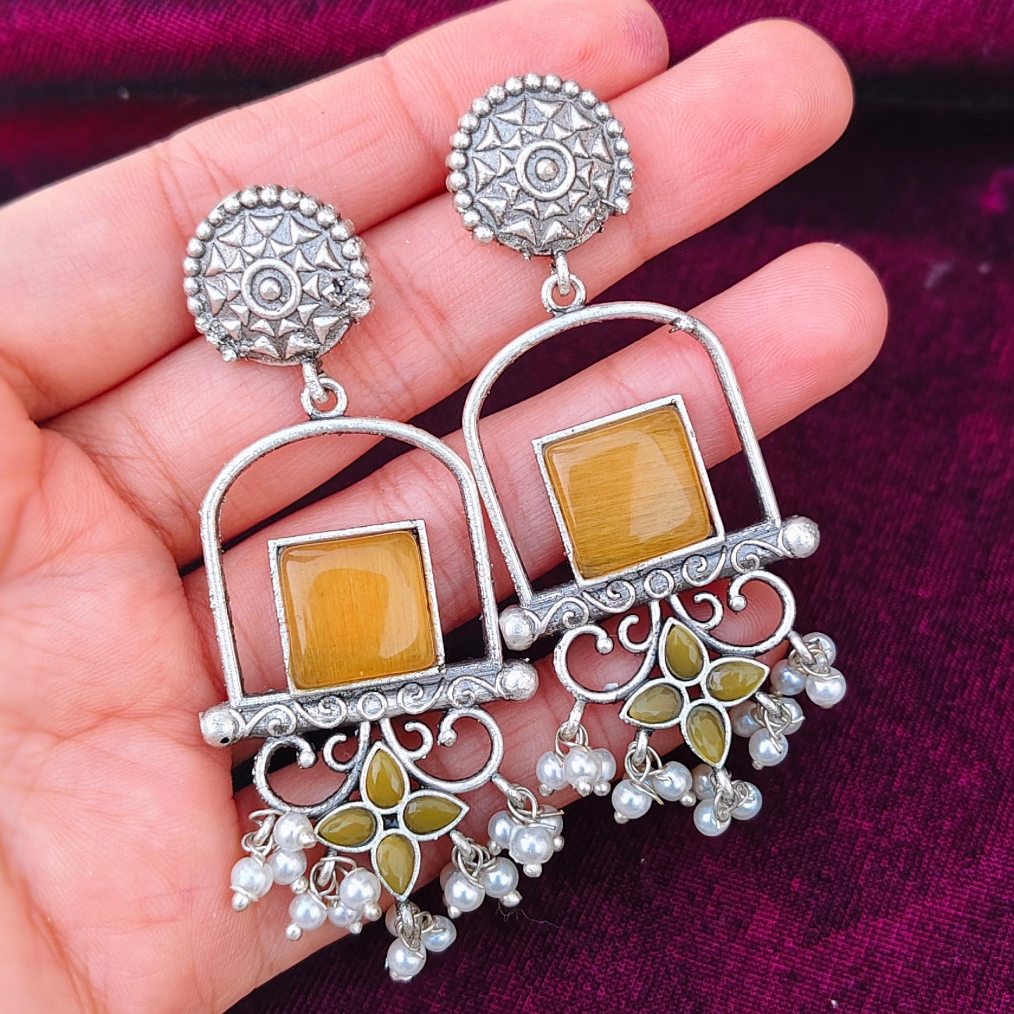 Oxidized Silver Earrings with Stone & Pearl Beads