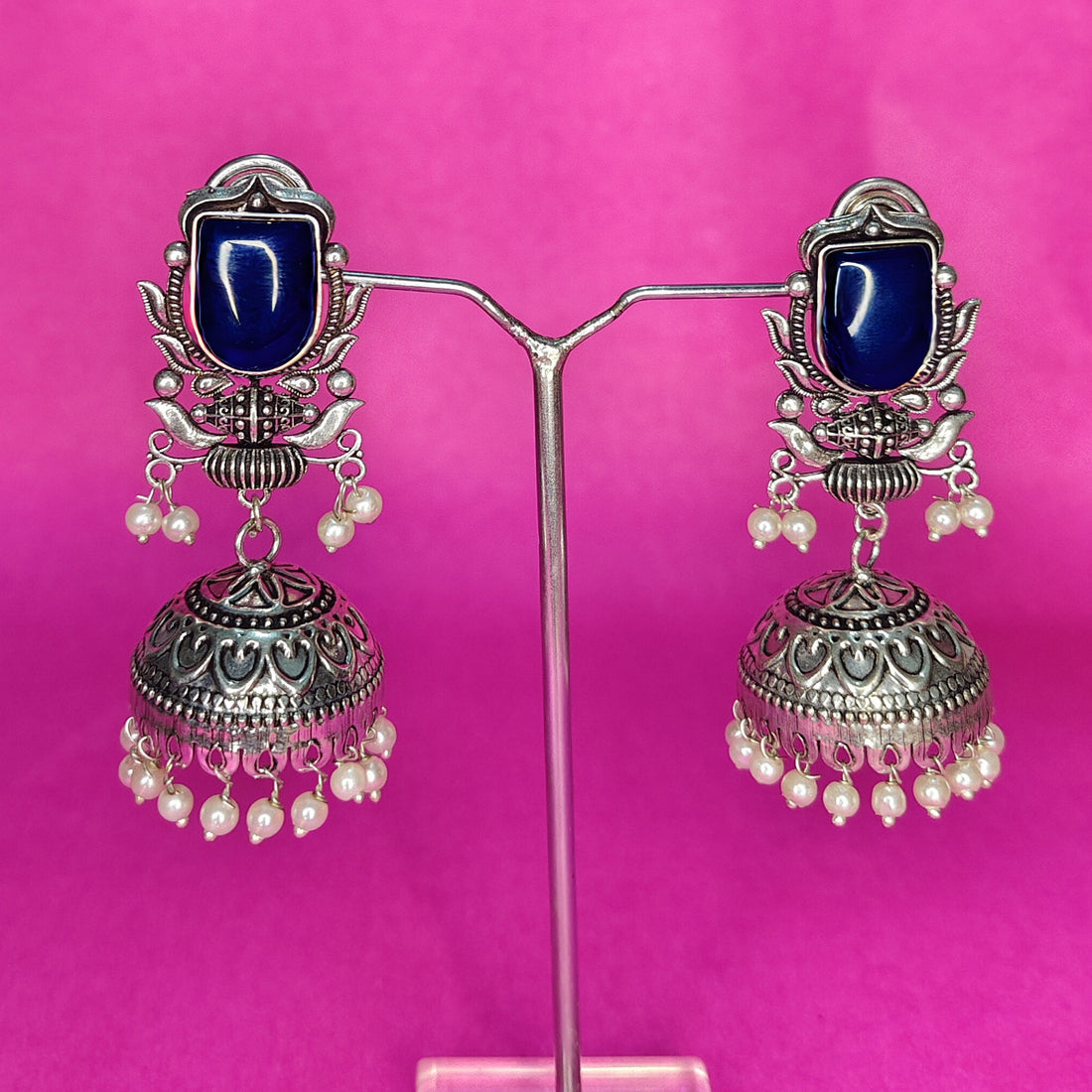 Oxidized Silver Jhumka Earrings with Stone & Pearl Beads