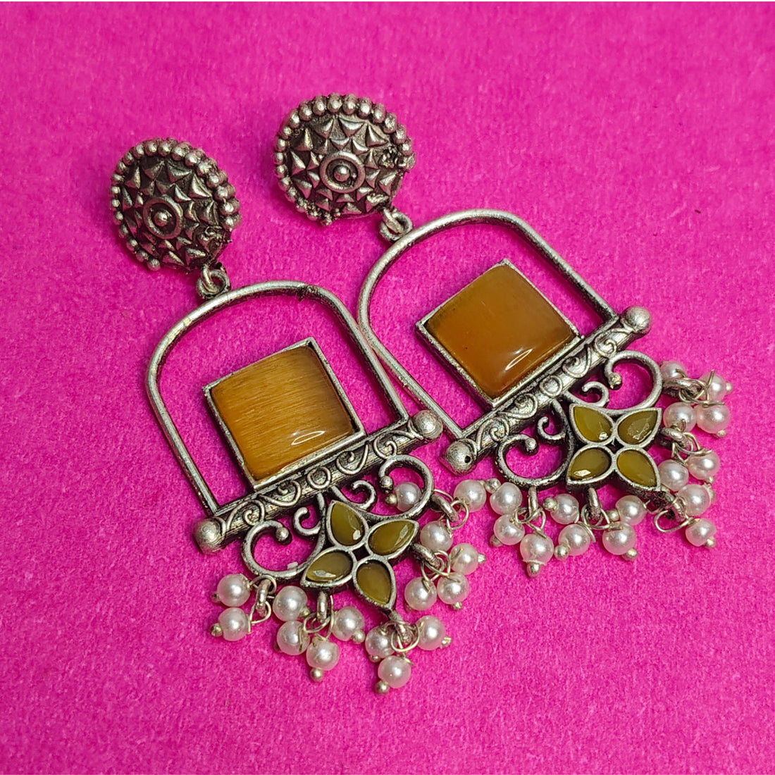 Oxidized Silver Earrings with Stone & Pearl Beads