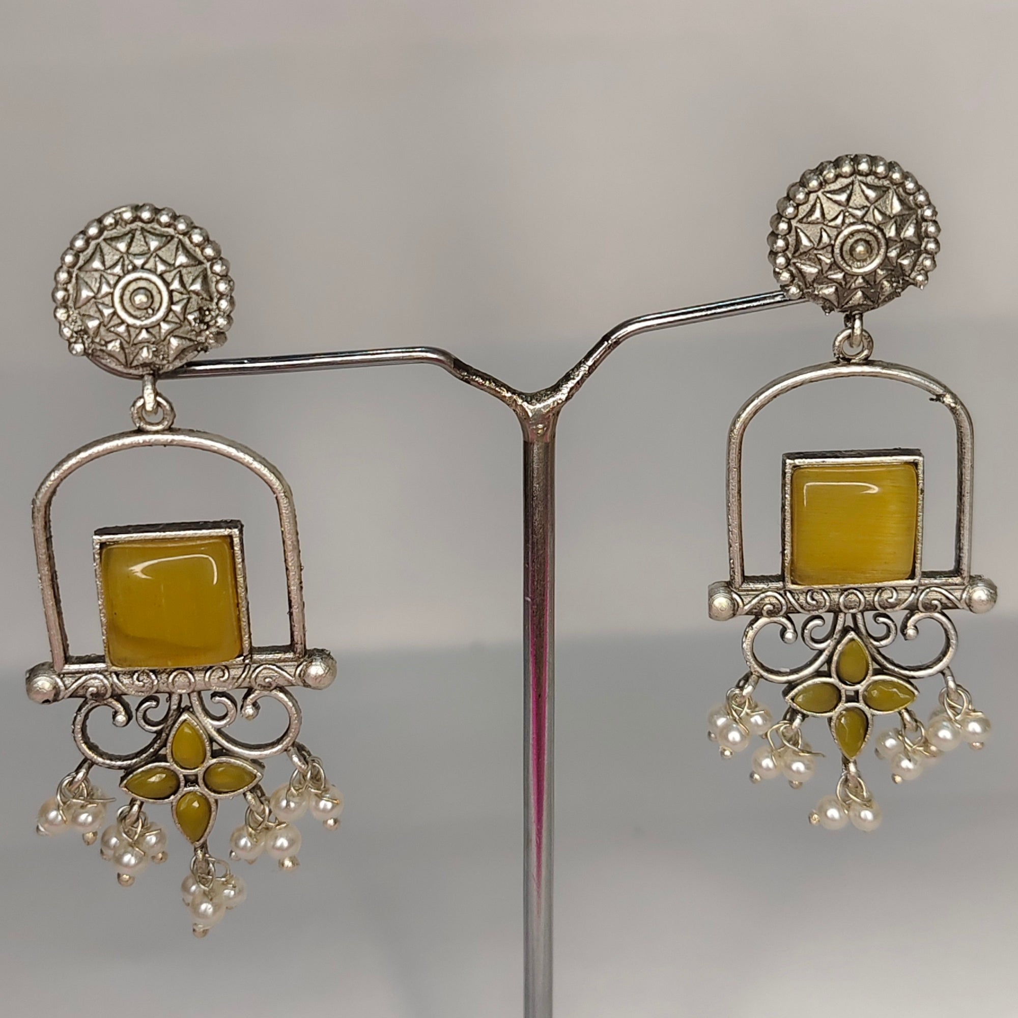 Oxidized Silver Earrings with Stone & Pearl Beads