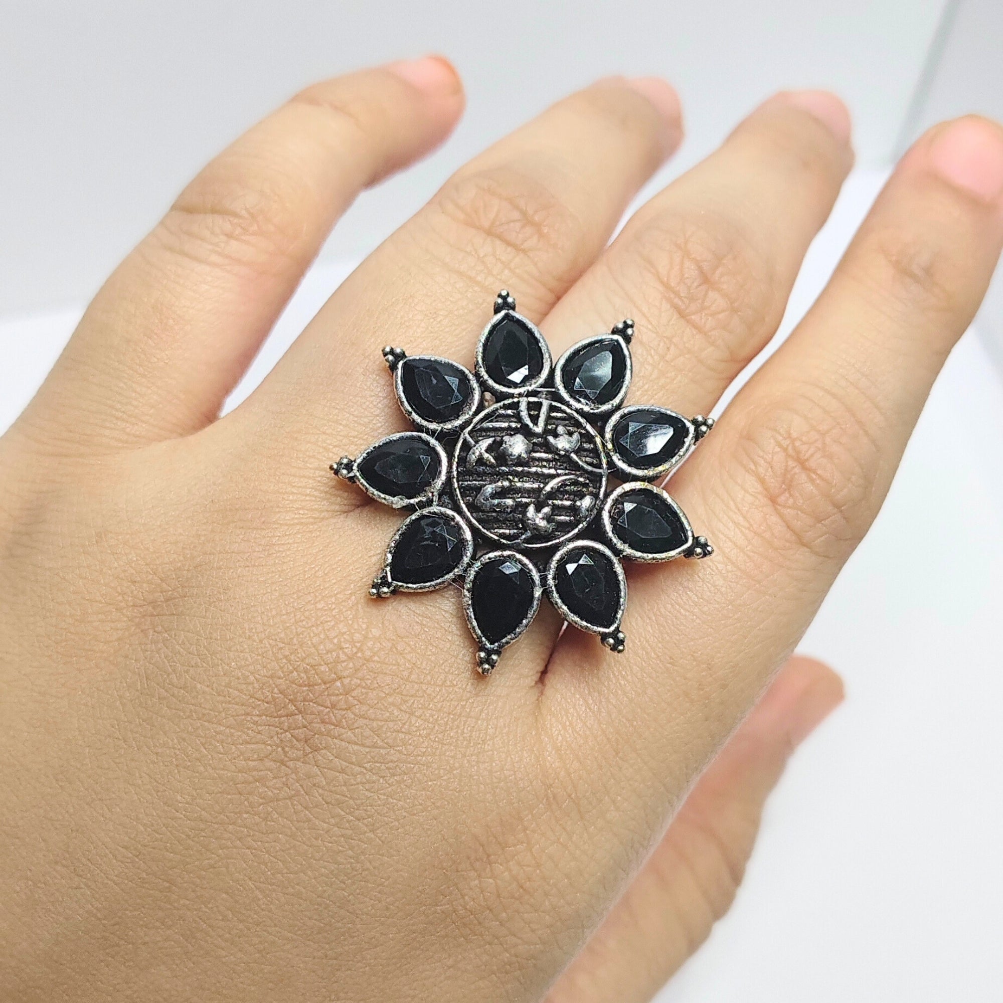 Ethnic Oxidised Stone Statement Ring