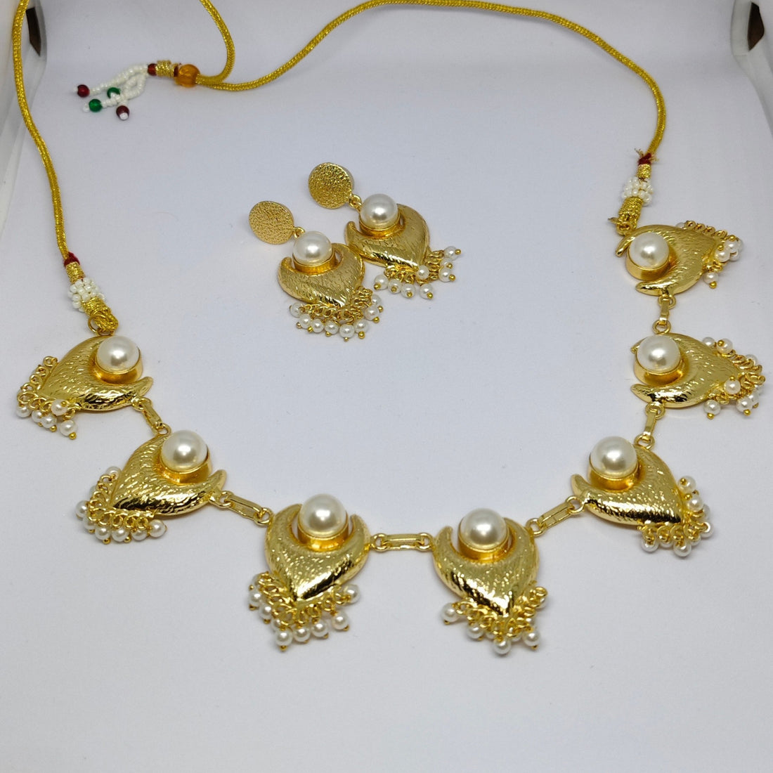 Gold-Plated Pearl Temple Necklace Set with Matching Earrings | Traditional Ethnic Jewellery
