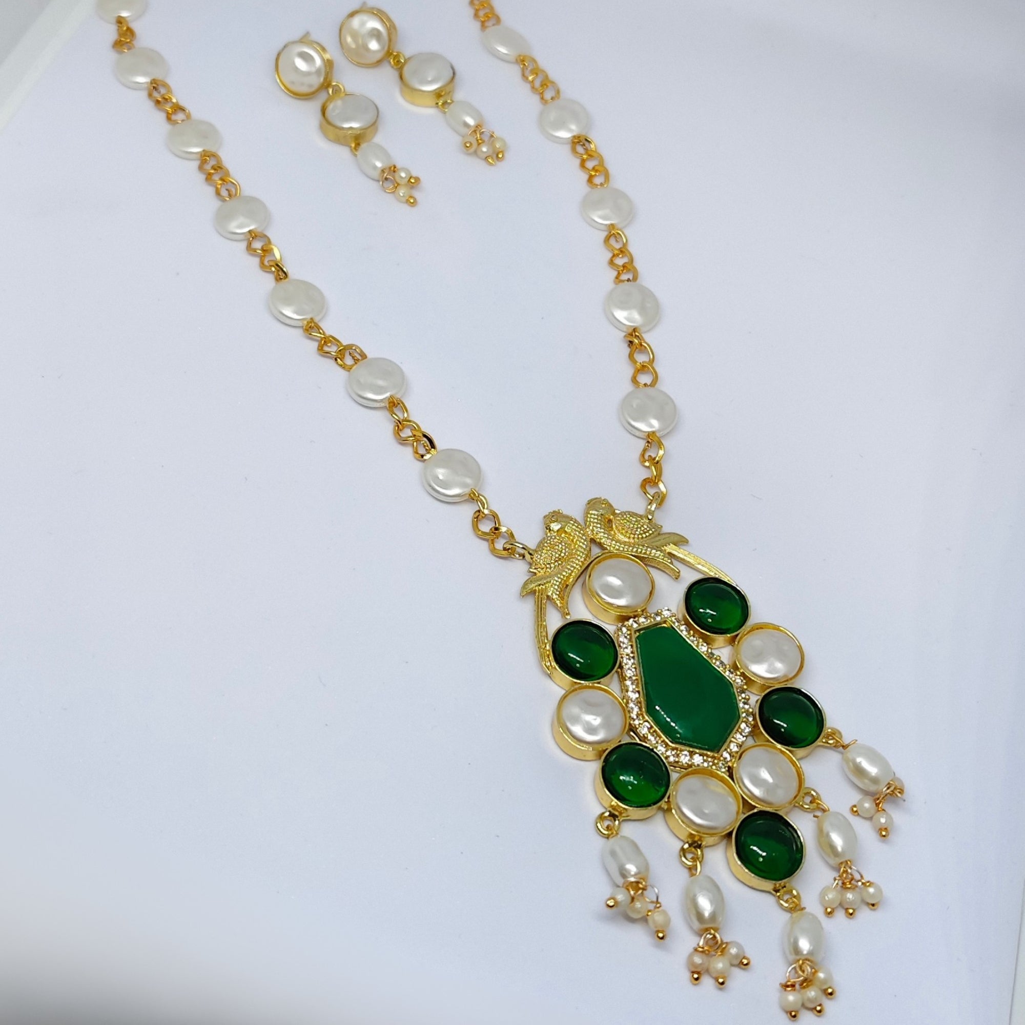 Gold-Toned Green Stone & Pearl Pendant Necklace Set with Earrings