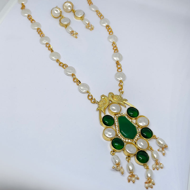 Gold-Toned Green Stone & Pearl Pendant Necklace Set with Earrings