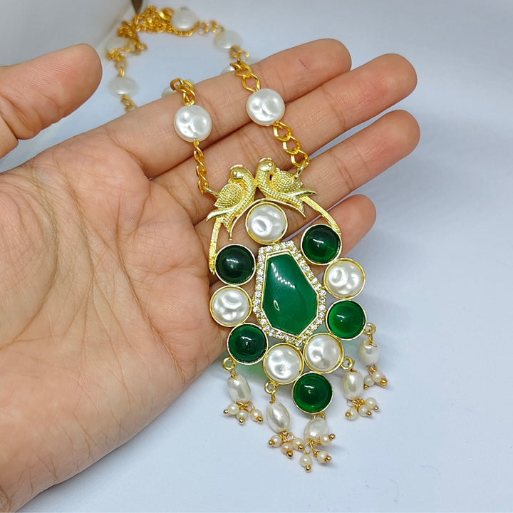 Gold-Toned Green Stone & Pearl Pendant Necklace Set with Earrings