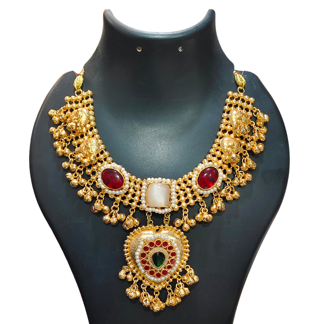 Traditional Copper Bridal Necklace Set with Kundan & Ruby Stones