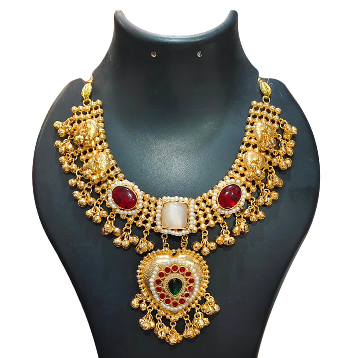Traditional Copper Bridal Necklace Set with Kundan & Ruby Stones
