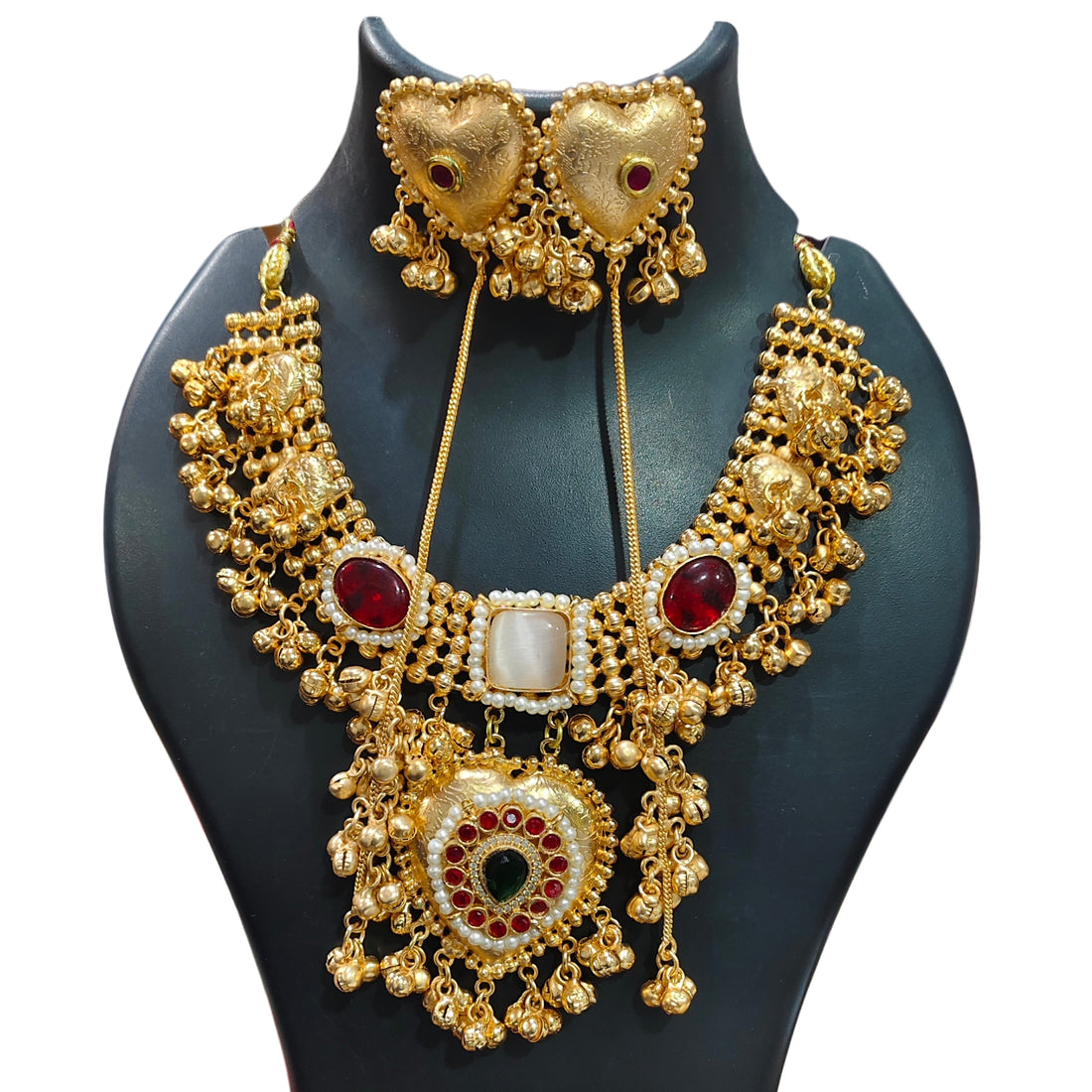 Traditional Copper Bridal Necklace Set with Kundan & Ruby Stones