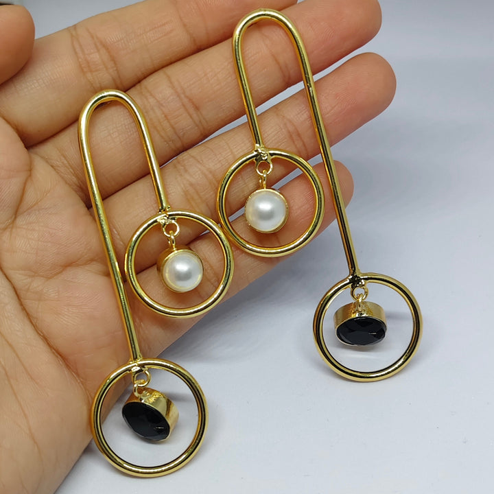 Gold-Plated Black Stone & Pearl Long Drop Earrings for Women | Modern Statement Jewellery