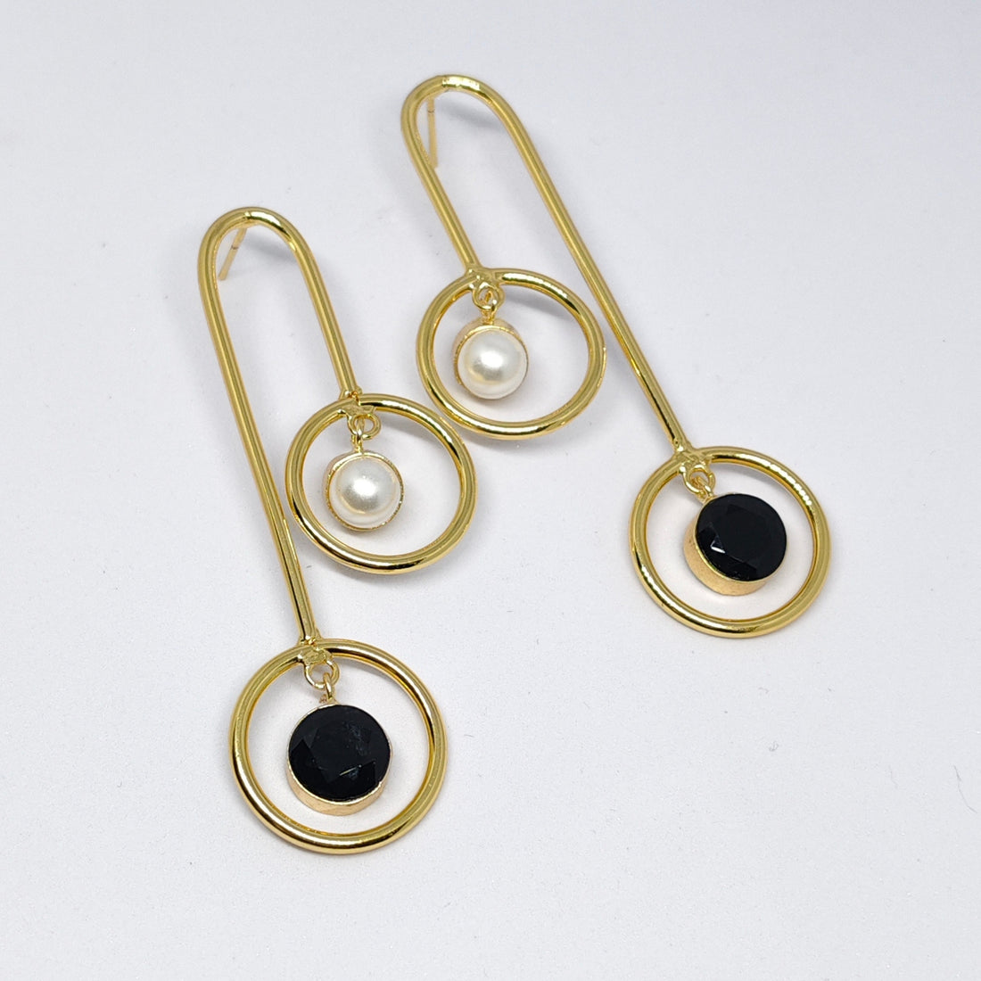 Gold-Plated Black Stone & Pearl Long Drop Earrings for Women | Modern Statement Jewellery