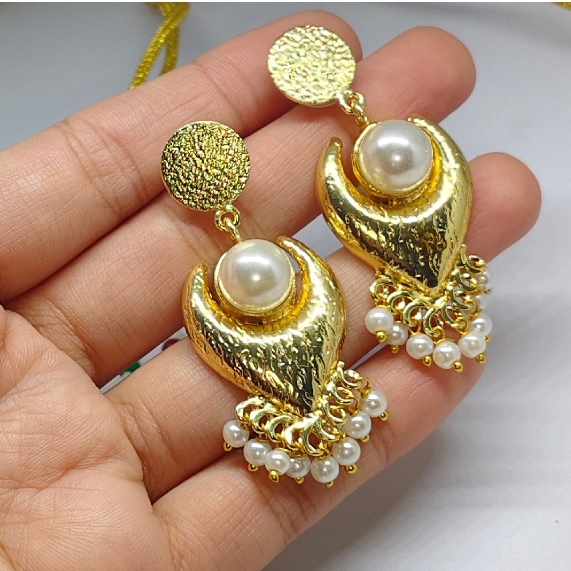 Gold-Plated Pearl Temple Necklace Set with Matching Earrings | Traditional Ethnic Jewellery
