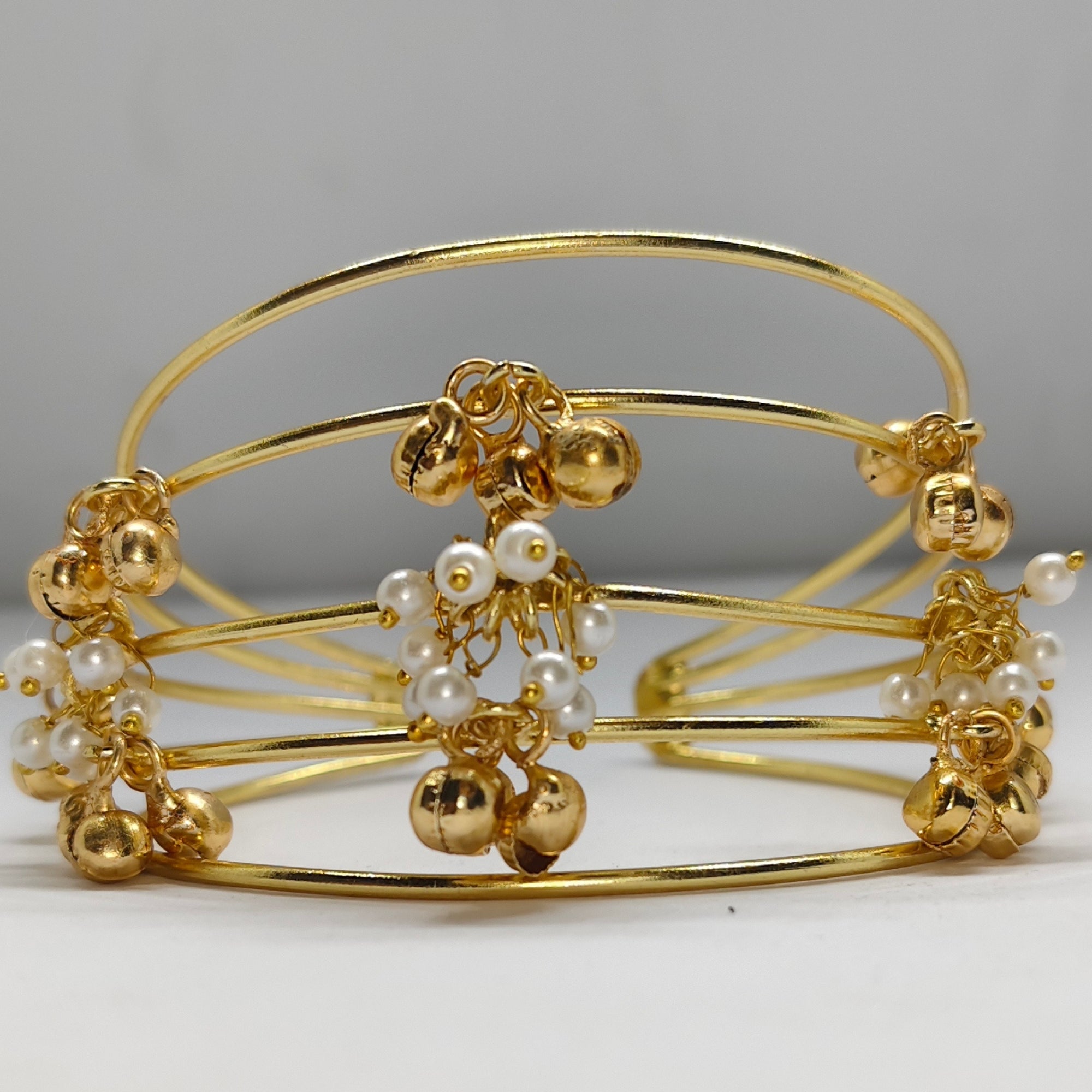 Gold-toned Multi-Layer Ghungroo Pearl Cuff Bracelet