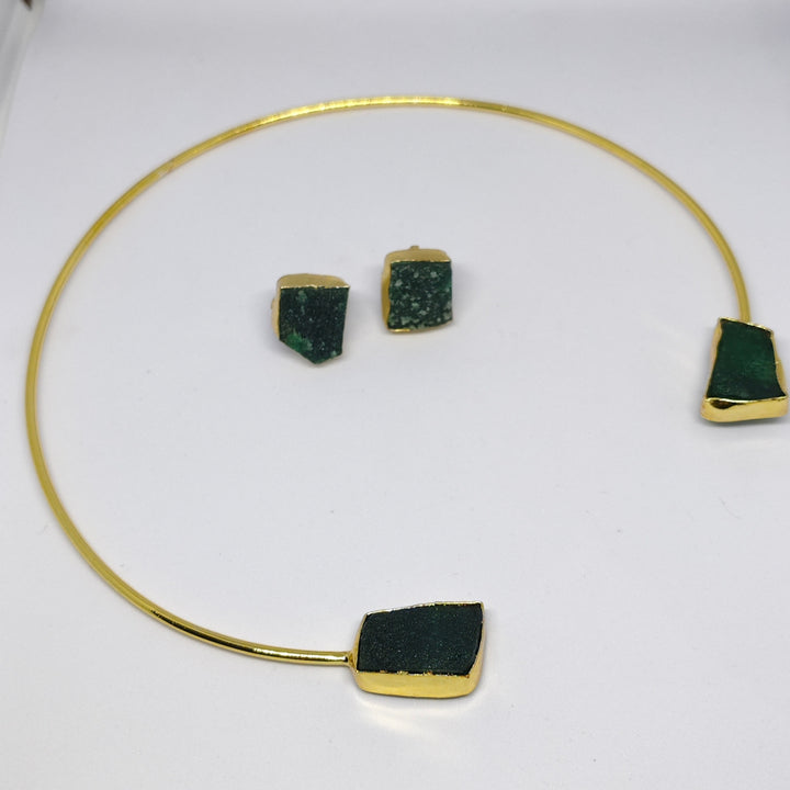 Gold-Toned Green Stone Hansli Choker Necklace Set with Stud Earrings