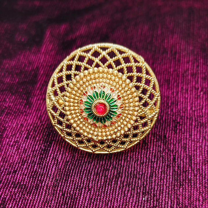 Gold-Plated Jali Work Statement Ring with Red & Green meenakari