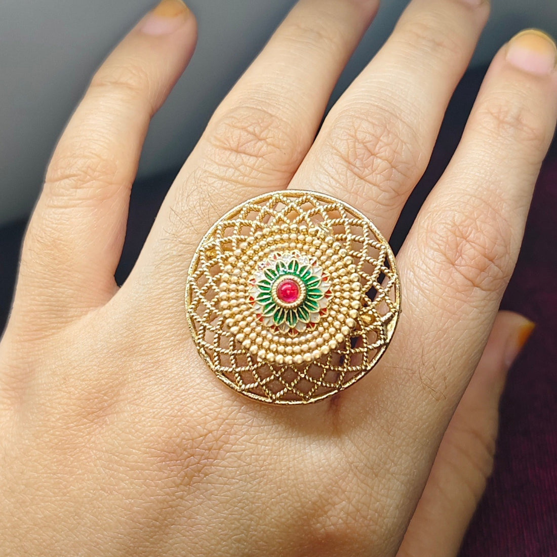 Gold-Plated Jali Work Statement Ring with Red & Green meenakari