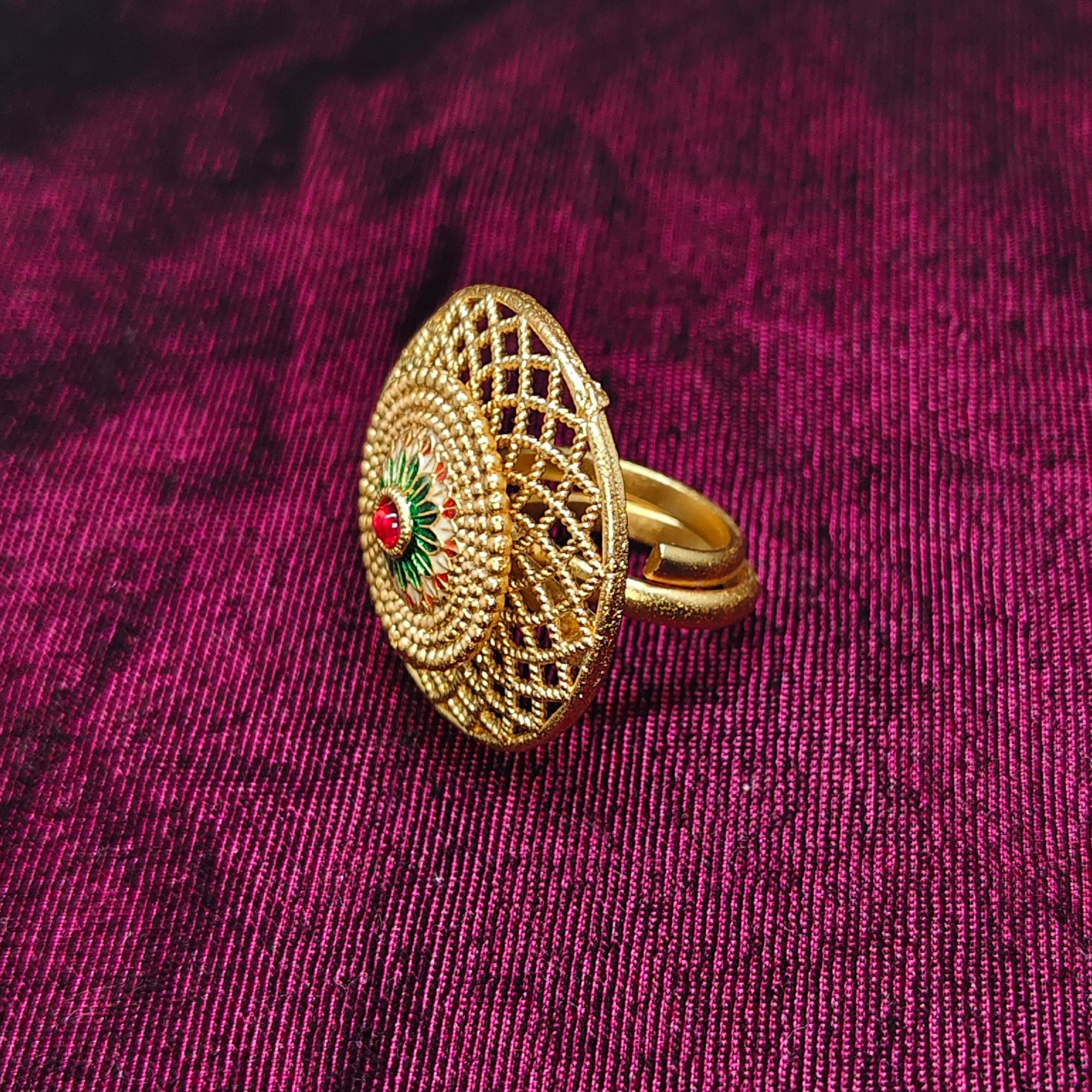 Gold-Plated Jali Work Statement Ring with Red & Green meenakari