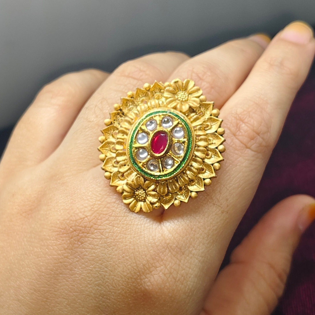 Kashmiri Kundan Style Gold-Plated Floral Statement Ring with Red Stone