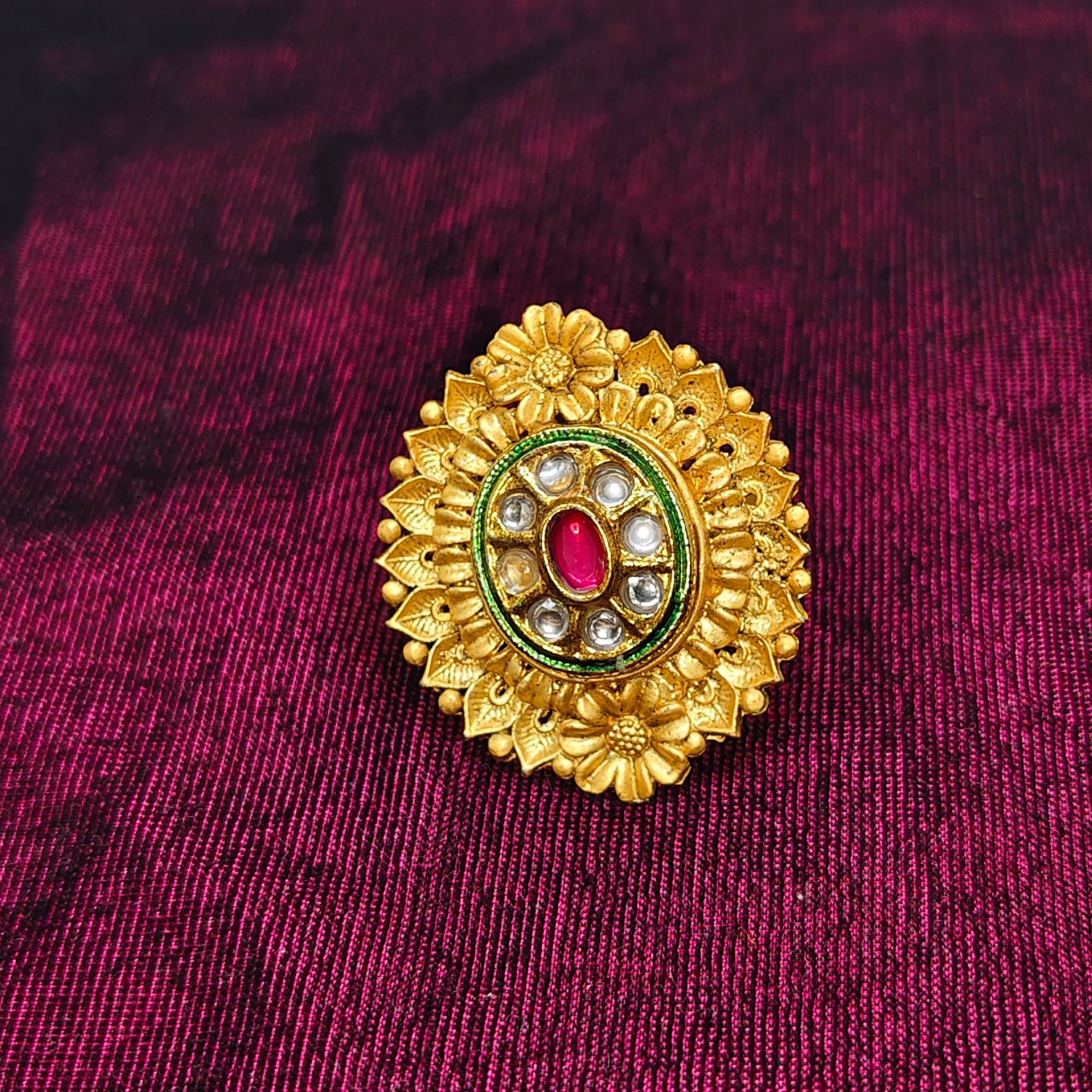 Kashmiri Kundan Style Gold-Plated Floral Statement Ring with Red Stone
