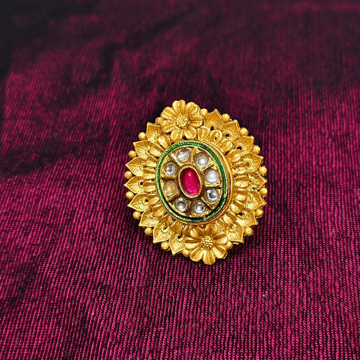 Kashmiri Kundan Style Gold-Plated Floral Statement Ring with Red Stone