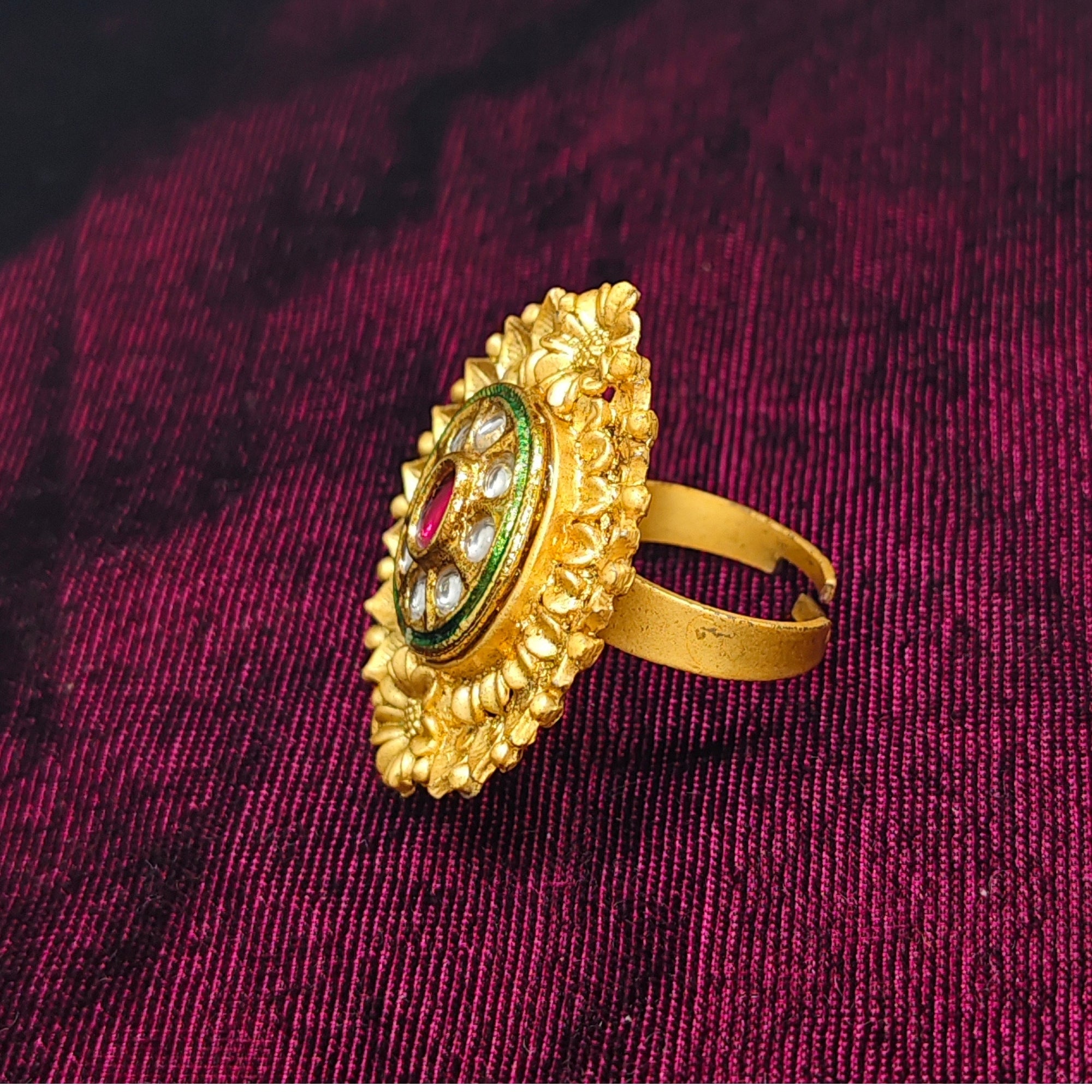 Kashmiri Kundan Style Gold-Plated Floral Statement Ring with Red Stone