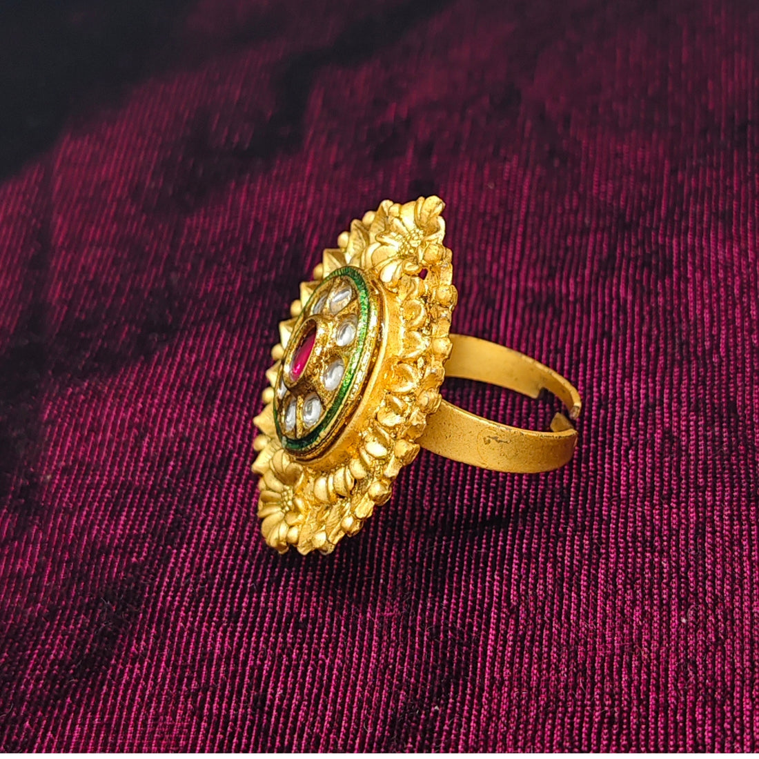 Kashmiri Kundan Style Gold-Plated Floral Statement Ring with Red Stone