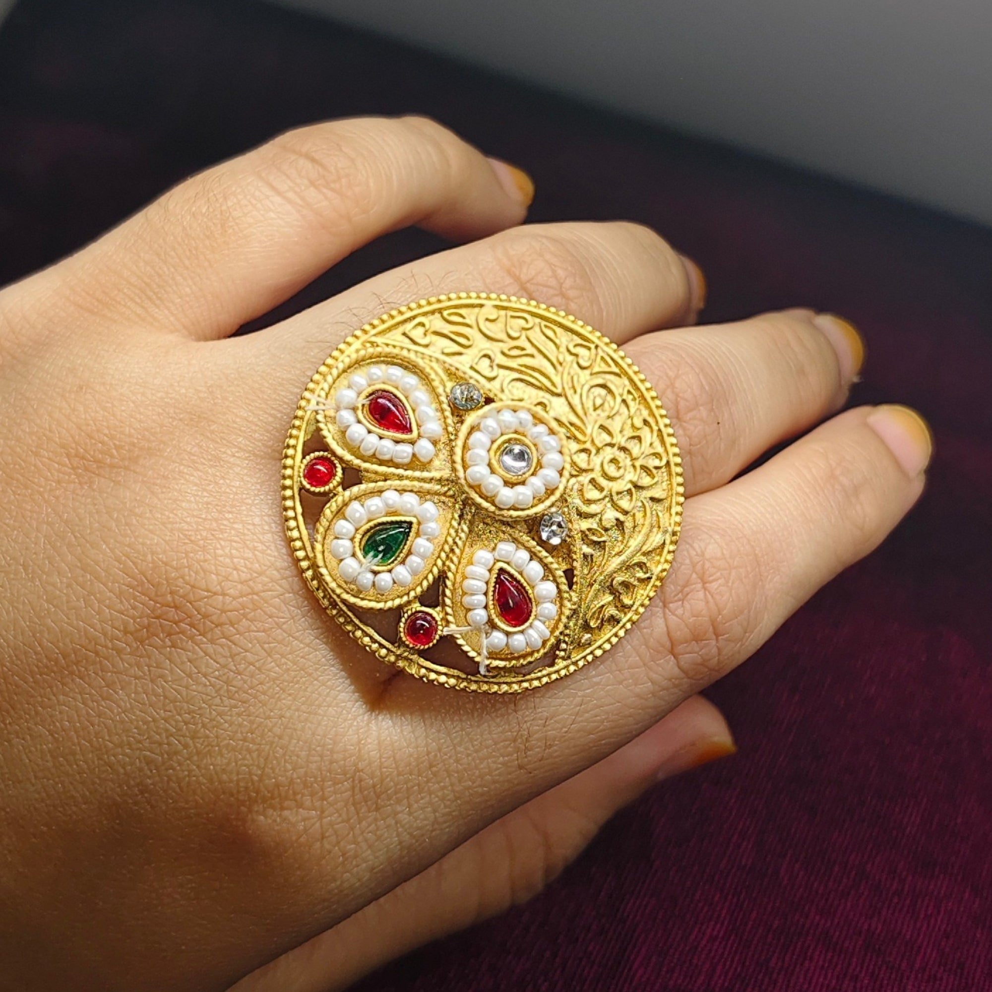 Kashmiri Gold Plated Statement Ring | Handcrafted Kundan Pearl Adjustable Ring | Ethnic Bridal Jewelry for Women