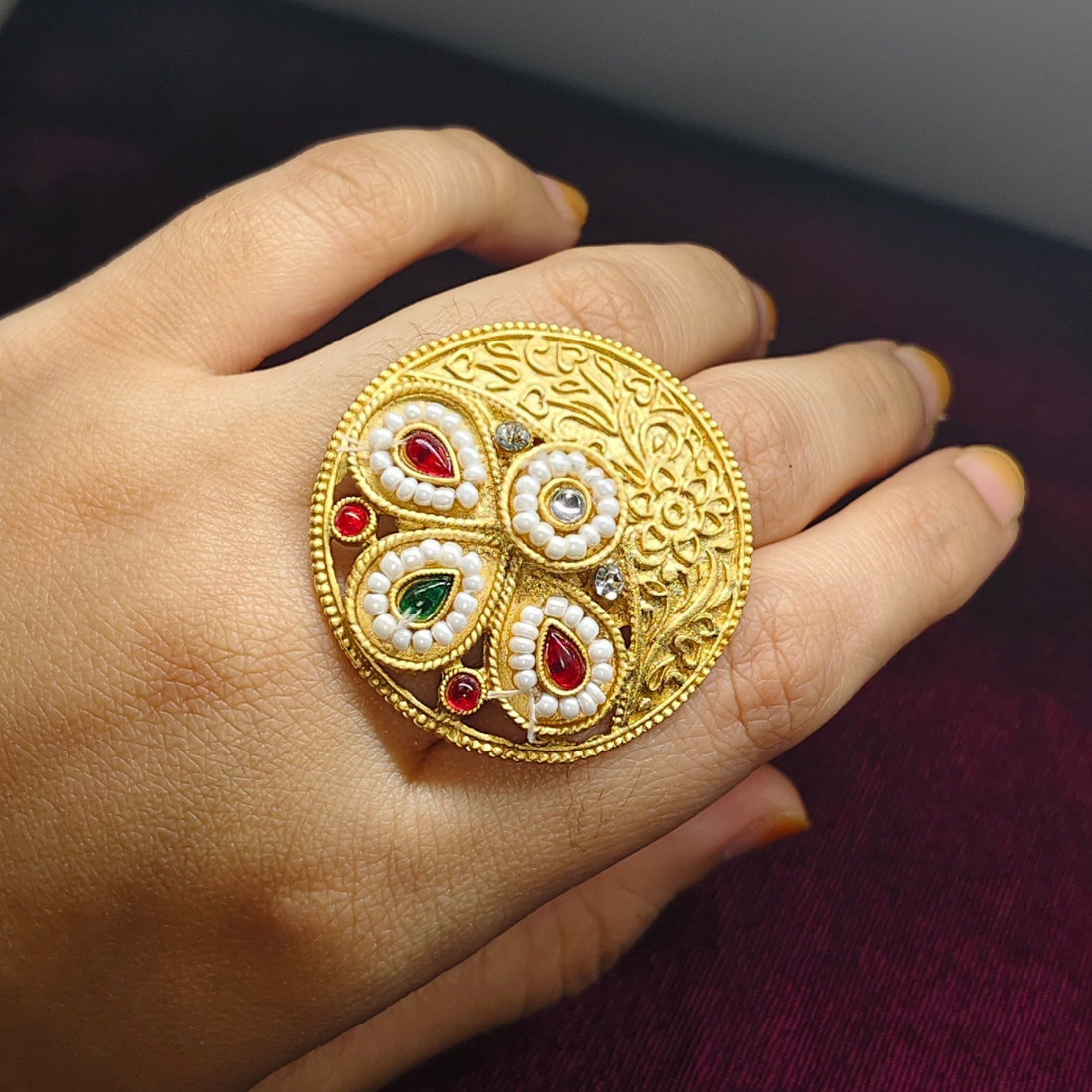 Kashmiri Gold Plated Statement Ring | Handcrafted Kundan Pearl Adjustable Ring | Ethnic Bridal Jewelry for Women