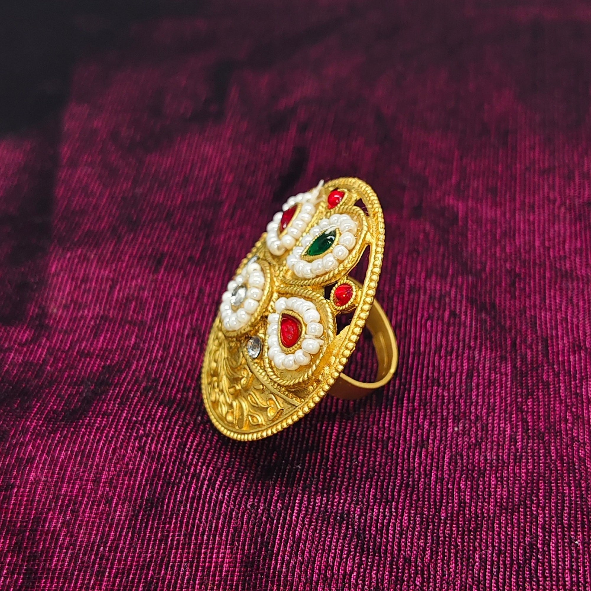 Kashmiri Gold Plated Statement Ring | Handcrafted Kundan Pearl Adjustable Ring | Ethnic Bridal Jewelry for Women