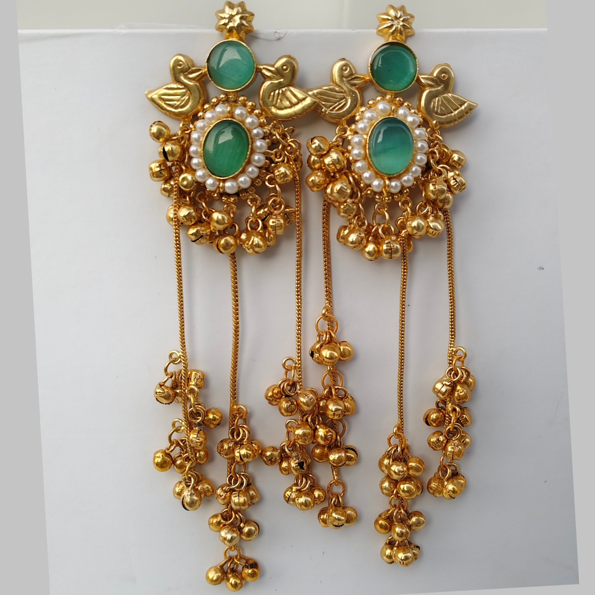 Viral Kashmiri Gold-Plated Long Jhumka Earrings with Mint Green Stones